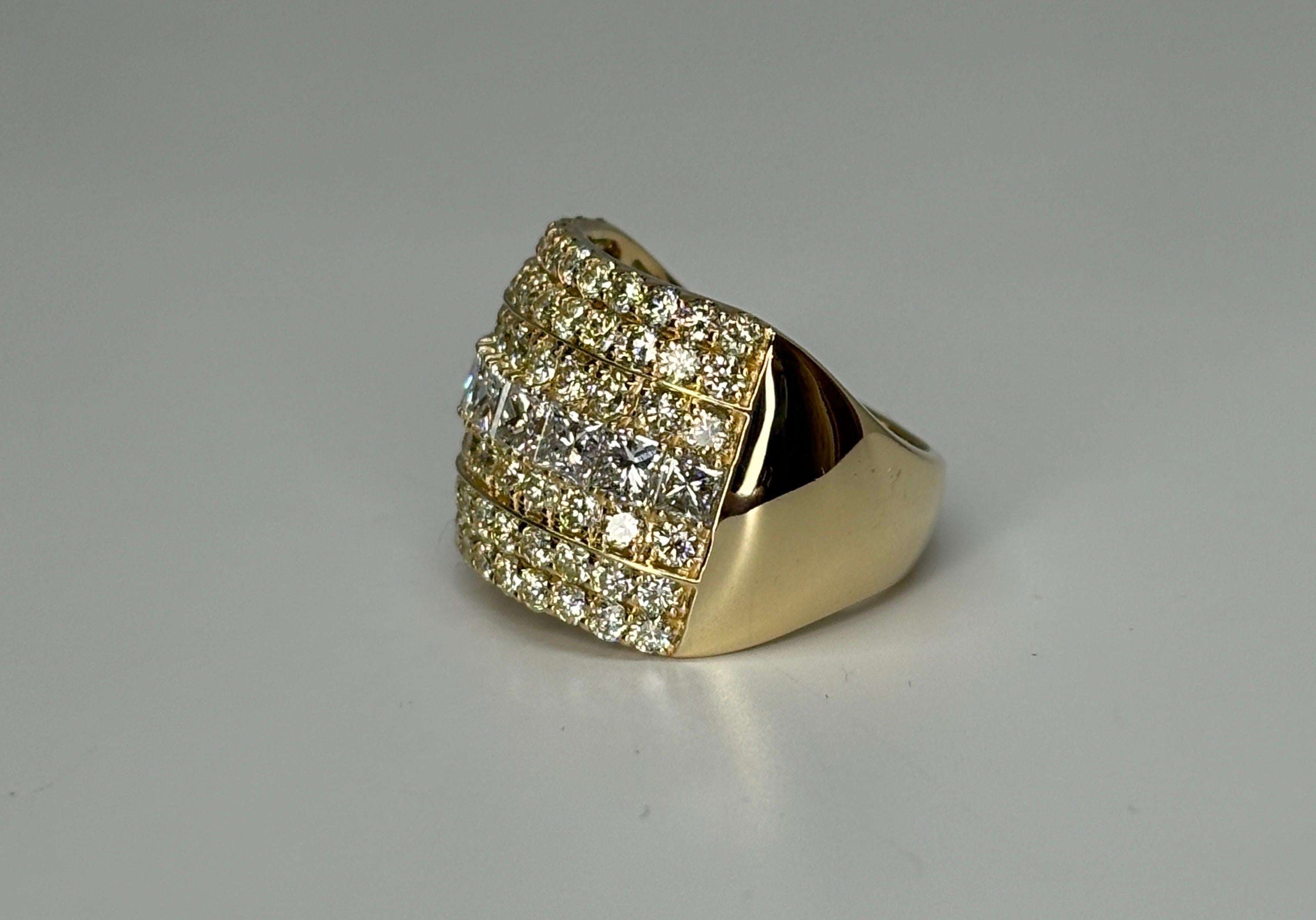 Women's or Men's Wide 14k Yellow Gold Natural Princess & Brilliant Cut Diamond Ring, Band