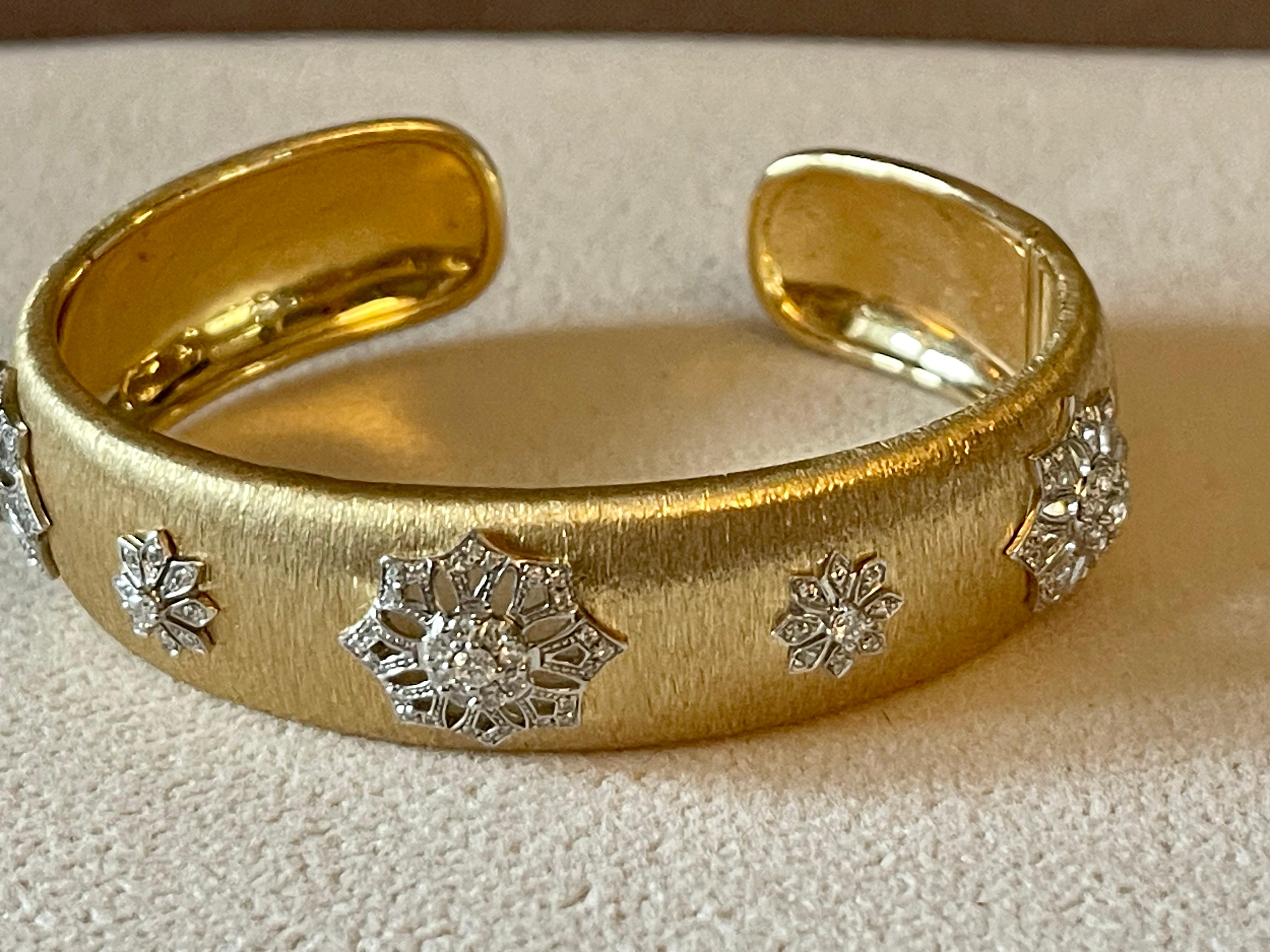 Wide 18 K brushed yellow white Gold bangle bracelet Diamonds For Sale 2