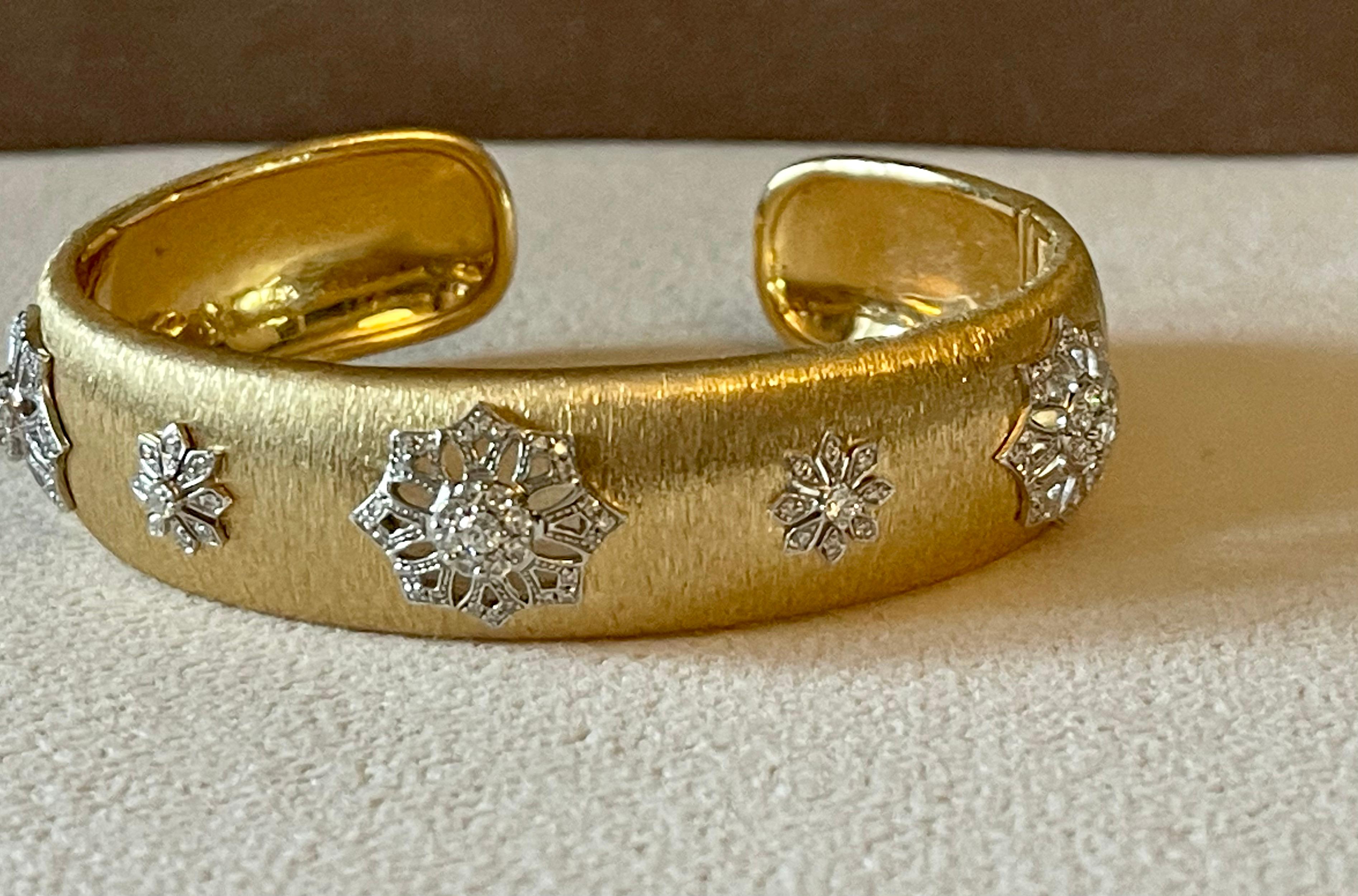 Wide 18 K brushed yellow white Gold bangle bracelet Diamonds For Sale 3