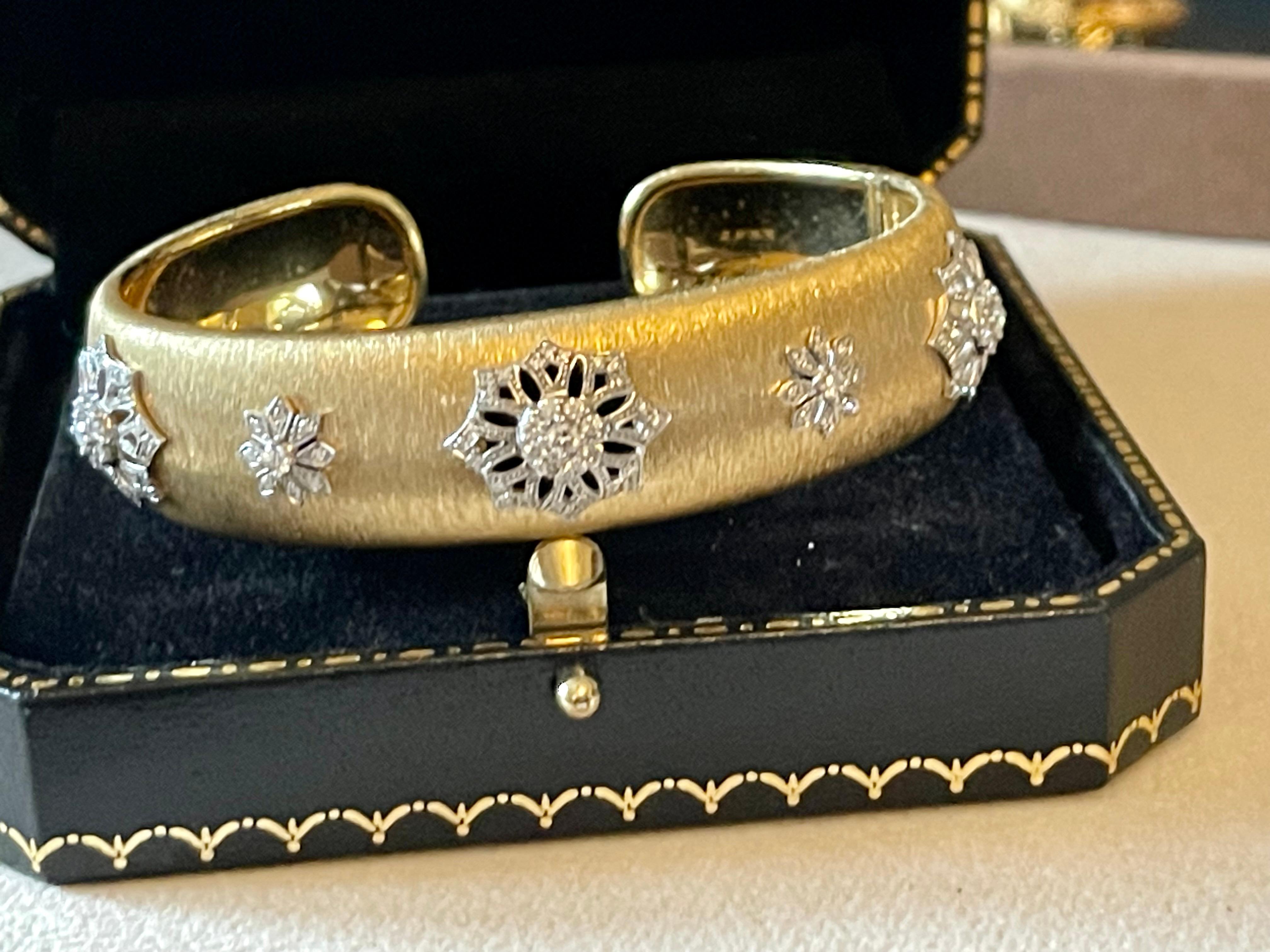 Wide 18 K brushed yellow white Gold bangle bracelet Diamonds For Sale 4