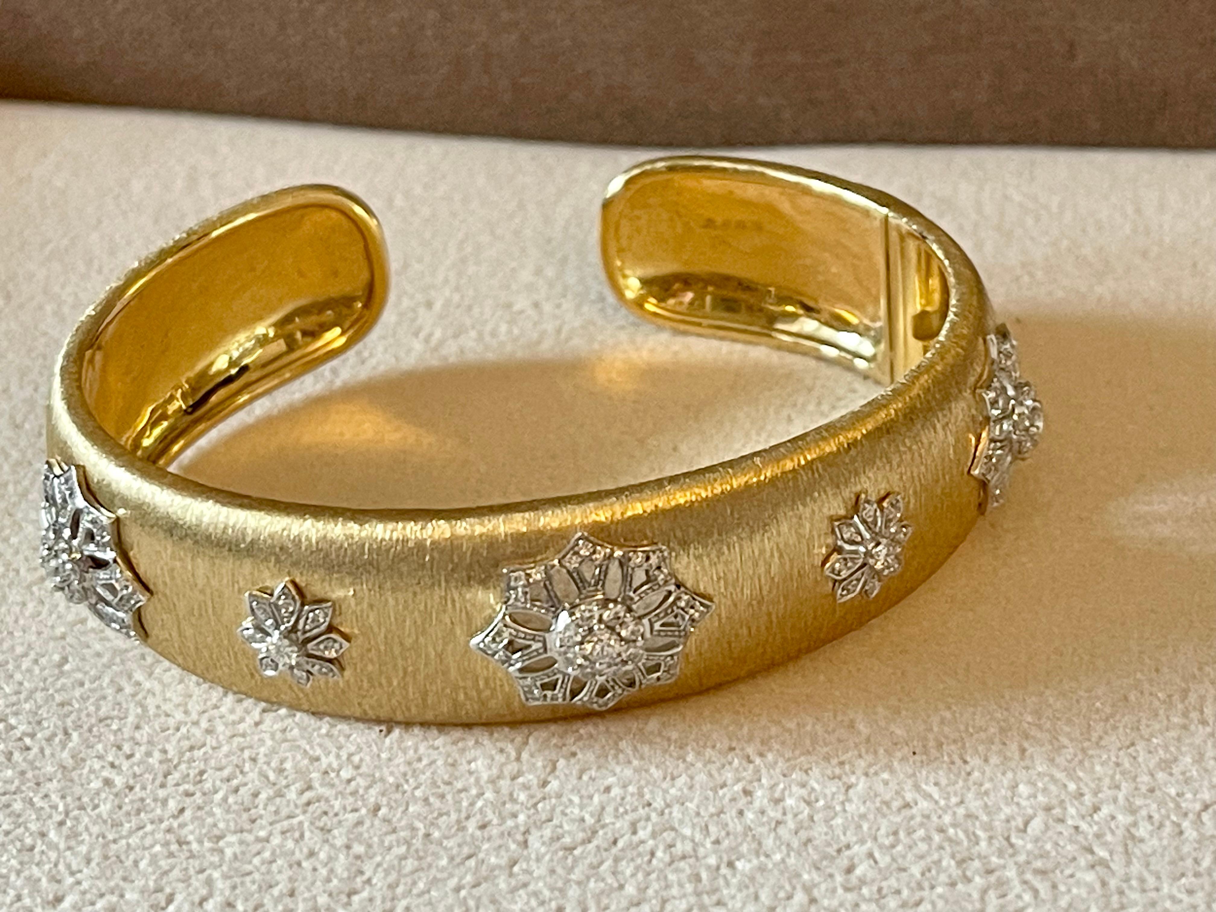 Wide 18 K brushed yellow white Gold bangle bracelet Diamonds For Sale 1