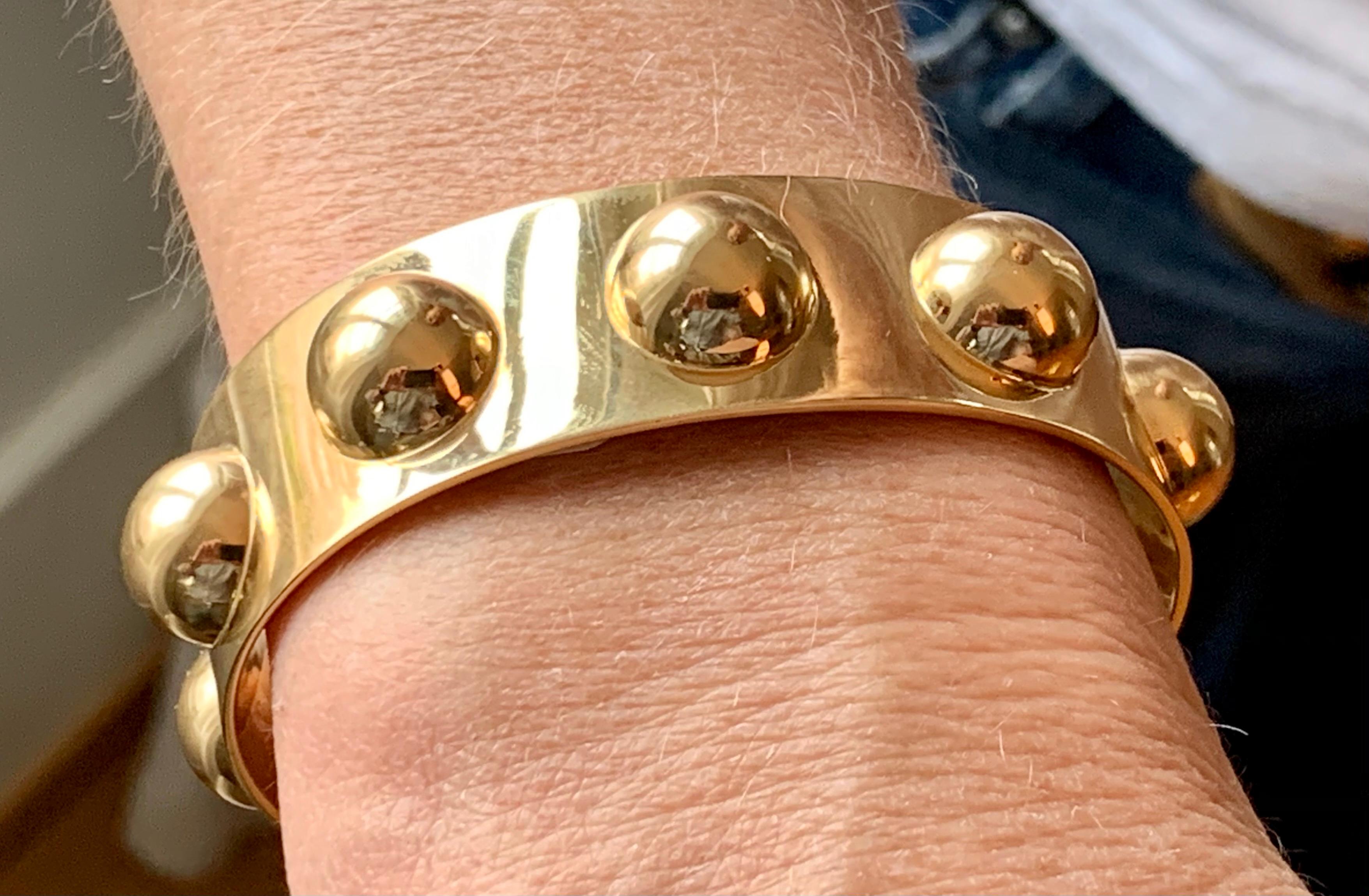 One of a kind solid 18 K yellow Gold cuff Bracelet. Interior diameter (65mm), intended for small-to-medium sized wrists.
Weight: 65.61 grams. 
Masterfully handcrafted piece! Authenticity and money back is guaranteed. For any enquires, please contact