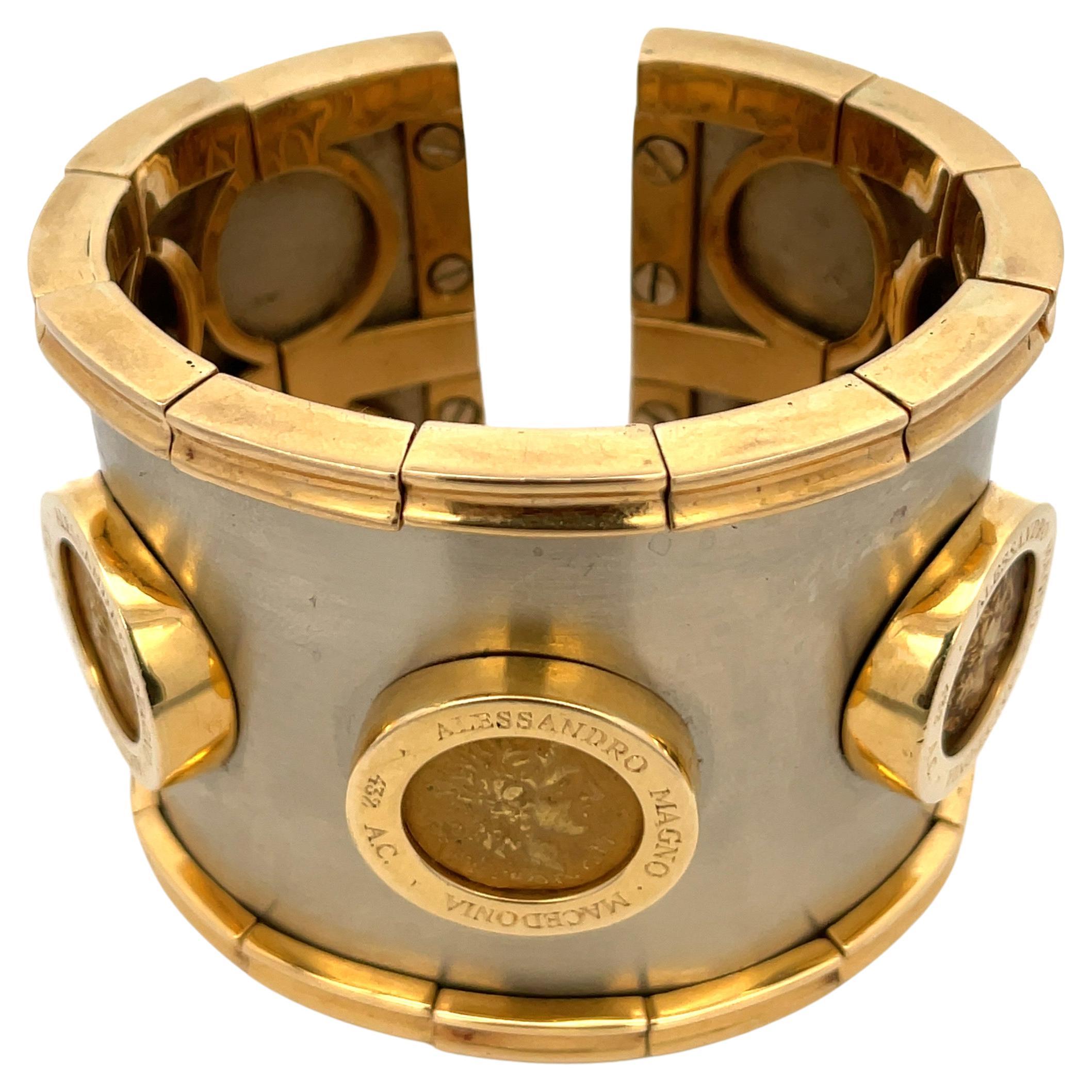 Wide 18 Karat Two Tone White Yellow Gold Coin Cuff Bracelet 202 Grams In Good Condition For Sale In New York, NY