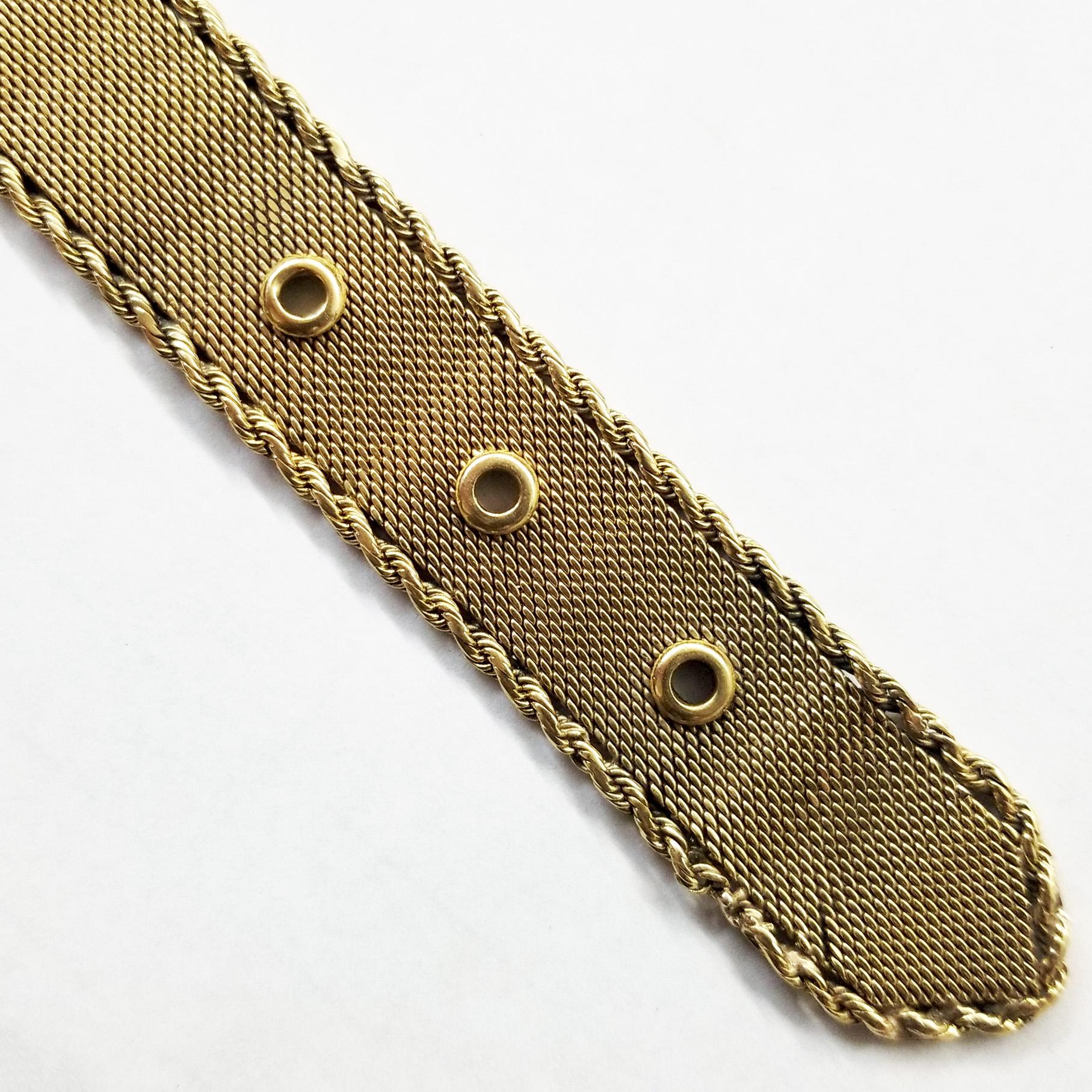 Women's or Men's Wide 18 Karat Yellow Gold Antique Mesh Buckle Bracelet For Sale