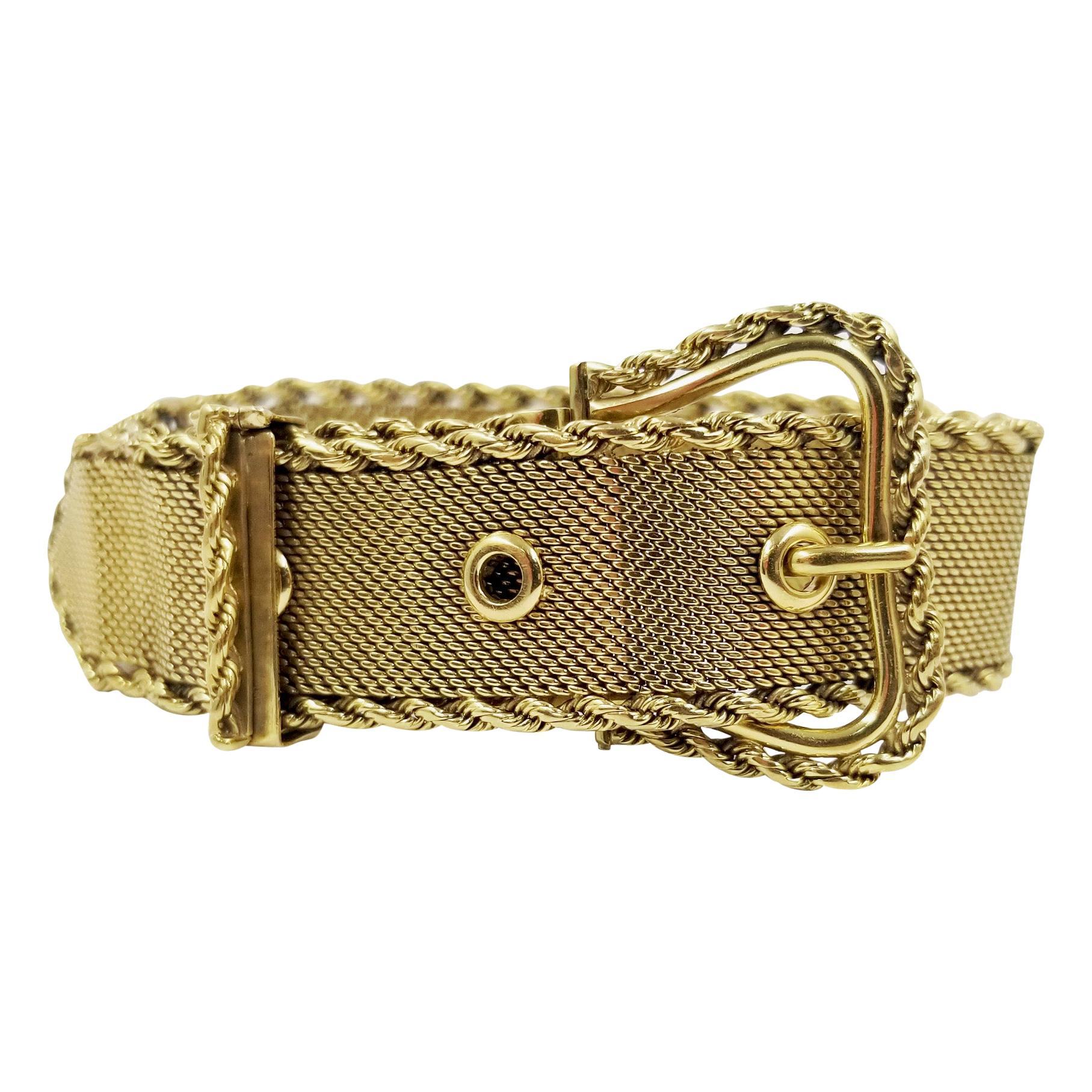 Wide 18 Karat Yellow Gold Antique Mesh Buckle Bracelet