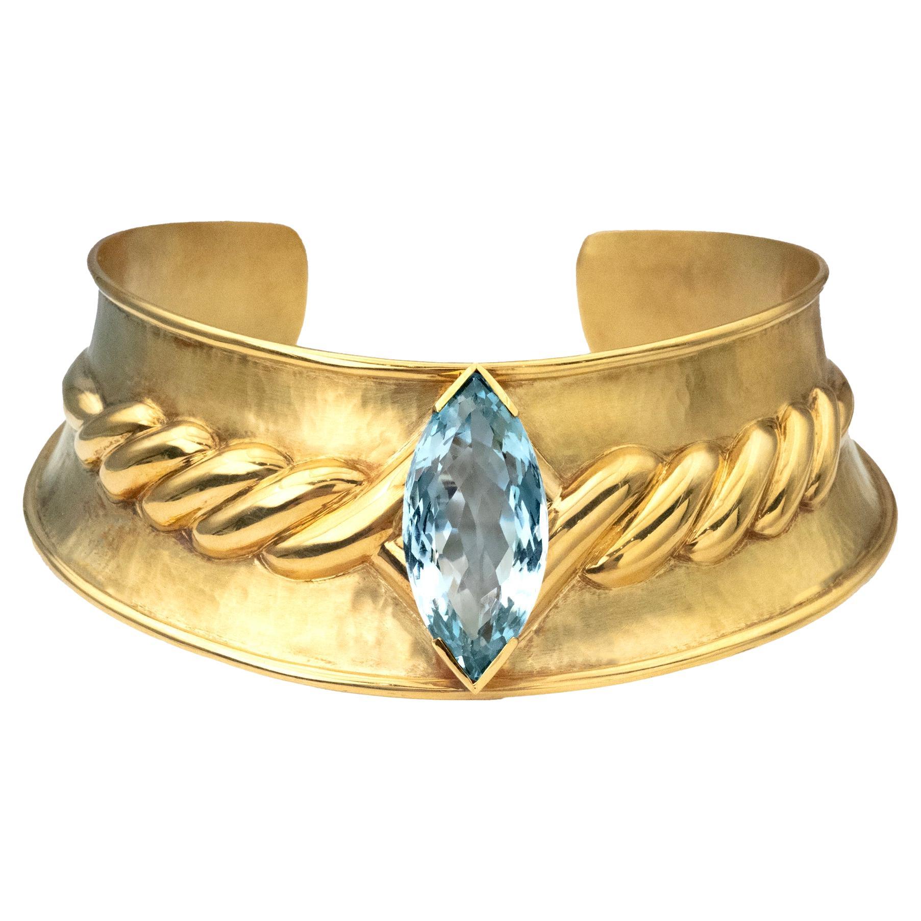 Wide 18K Gold Cuff Choker with Blue Topaz Necklace