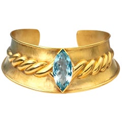 Wide 18K Gold Cuff Choker with Blue Topaz Necklace