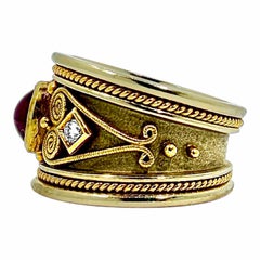 Wide 18K Yellow Gold Etruscan Revival Band Ring with Ruby Center and Diamonds