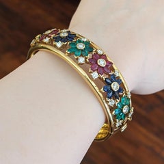 Wide 18k Yellow Gold Ruby, Sapphire, Emerald, Diamond Bangle Bracelet