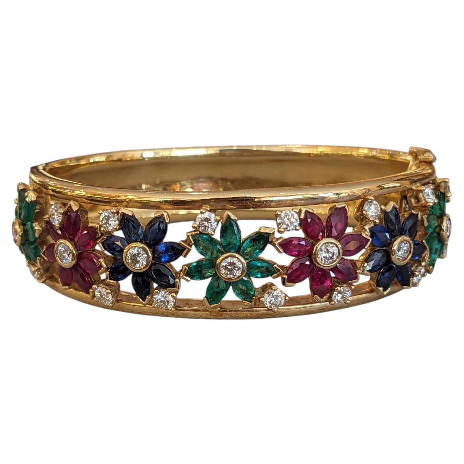 Wide 18k Yellow Gold Ruby, Sapphire, Emerald, Diamond Bangle Bracelet