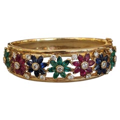 Wide 18k Yellow Gold Ruby, Sapphire, Emerald, Diamond Bangle Bracelet