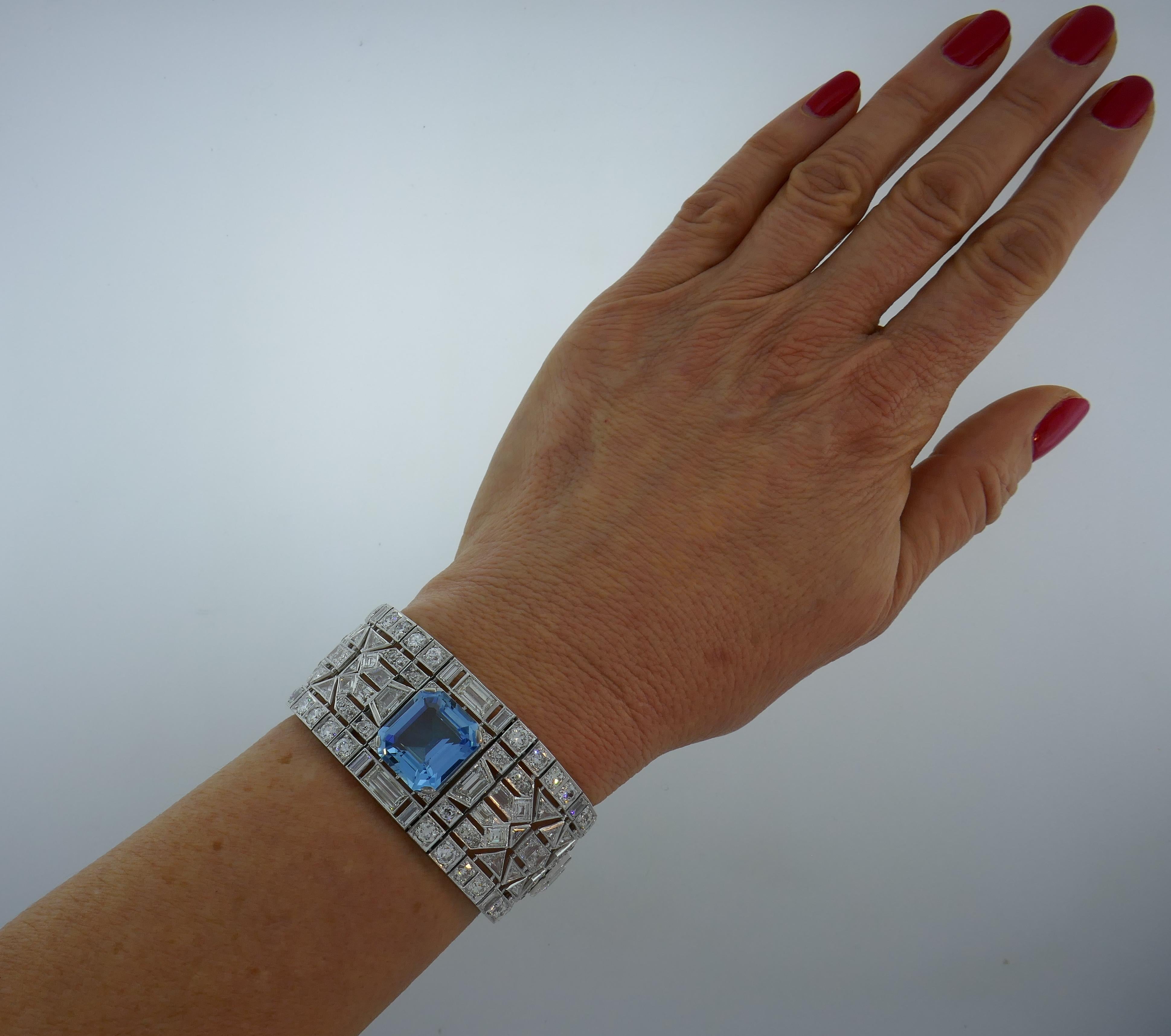 Wide 1960's Aquamarine Diamond & Platinum Bracelet 7