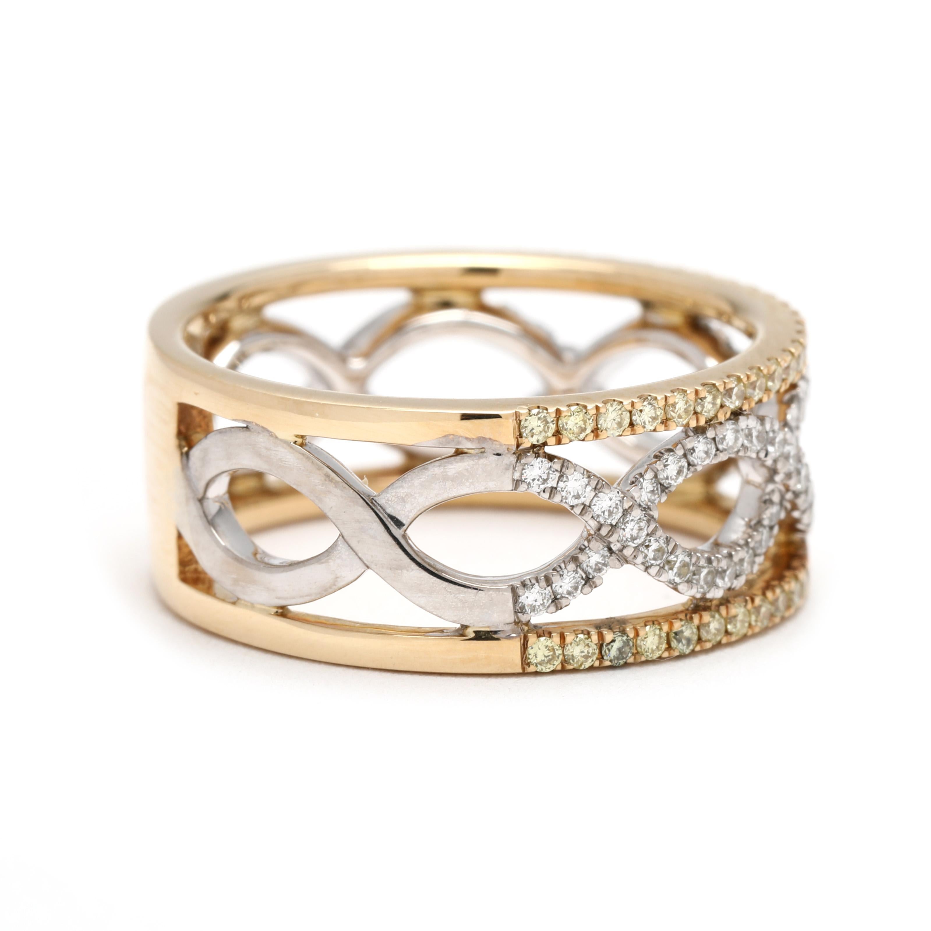 Pierres :
diamants
Brilliante ronde
1mm, 58 pierres
environ .25 carats au total
Couleur F-G, clarté VS1-2
Brilliante ronde
1mm, 52 pierres
environ .25 carats au total
Couleur jaune clair, pureté SI1-I1

Taille de l'anneau 6.25

Largeur : 8,2