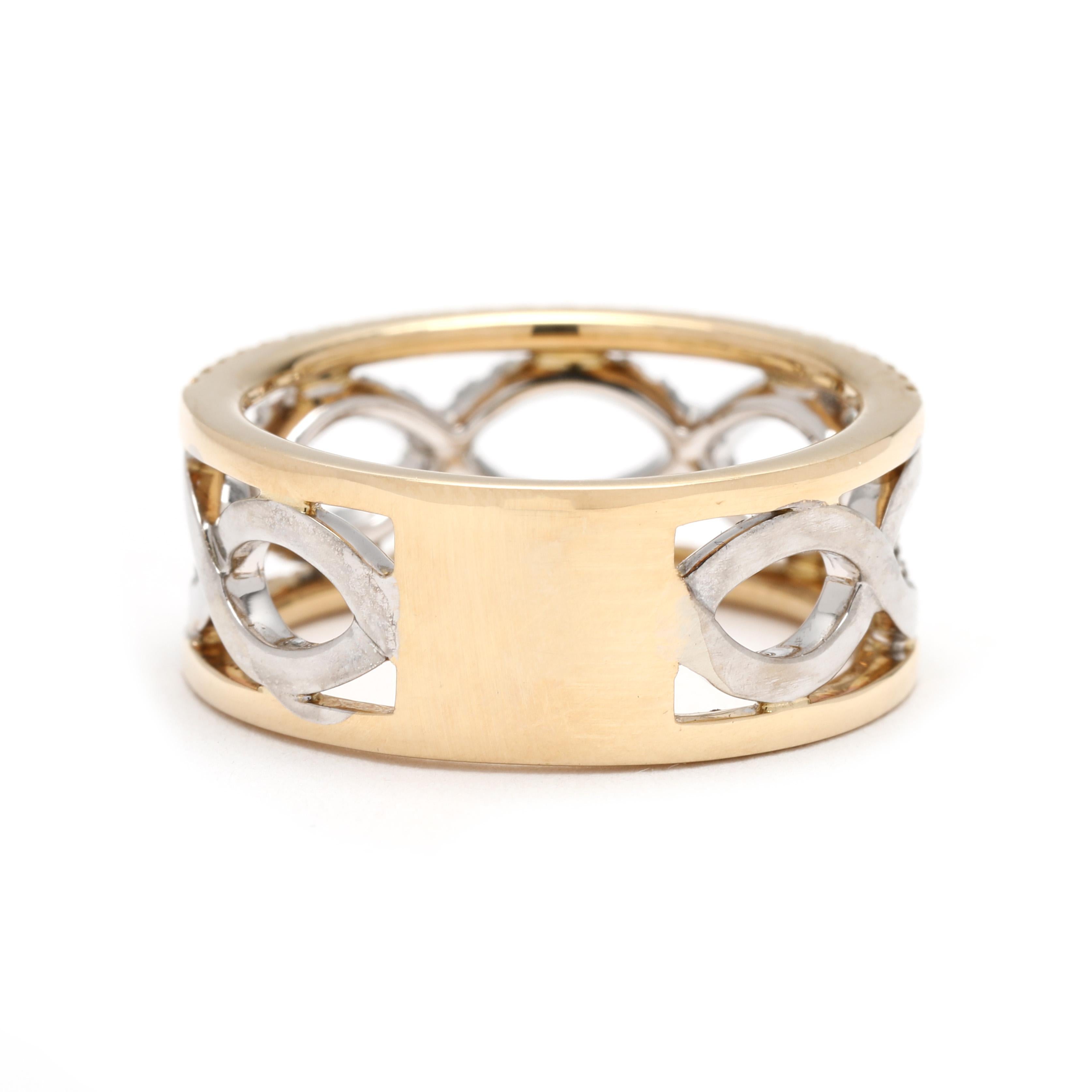 Taille ronde Large bandeau croisé en or jaune et blanc 14k avec diamant de .50ctw, taille de bague 6.25 en vente