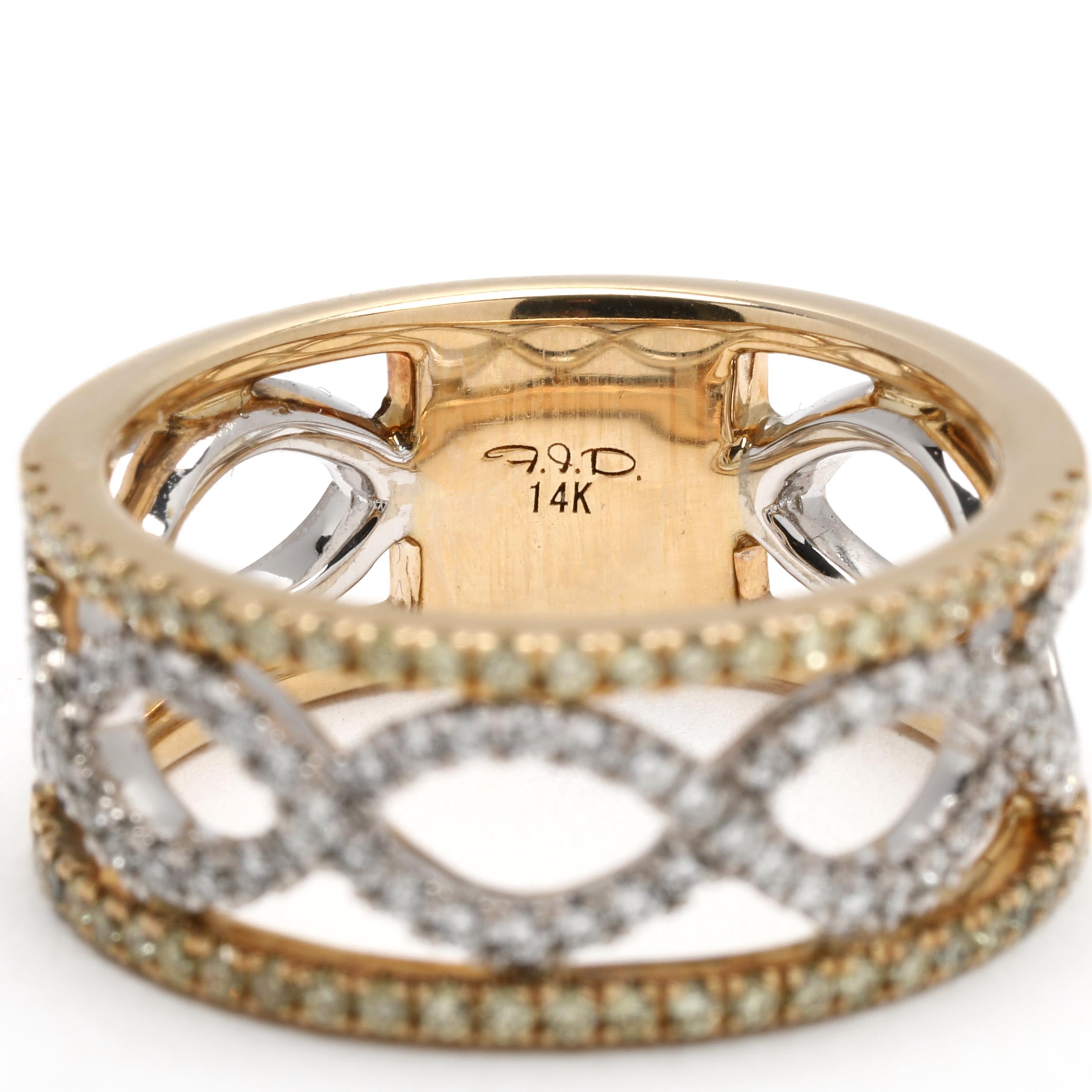 Large bandeau croisé en or jaune et blanc 14k avec diamant de .50ctw, taille de bague 6.25 Unisexe en vente