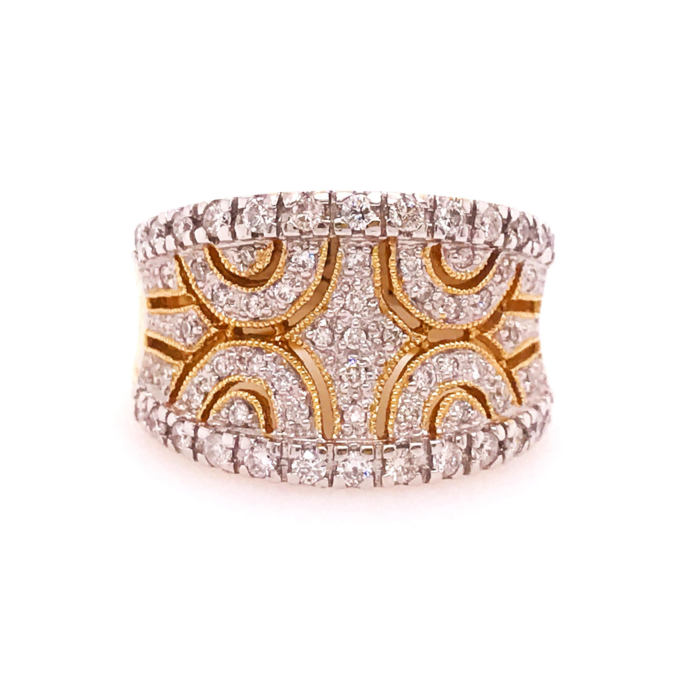 Wide Diamond Fashion Band! This hand crafted diamond ring is stunning! With a unique, open diamond design with hand fabricated milgrain beading lining the diamond design. The top of this ring is paved with round brilliant diamonds. The design is