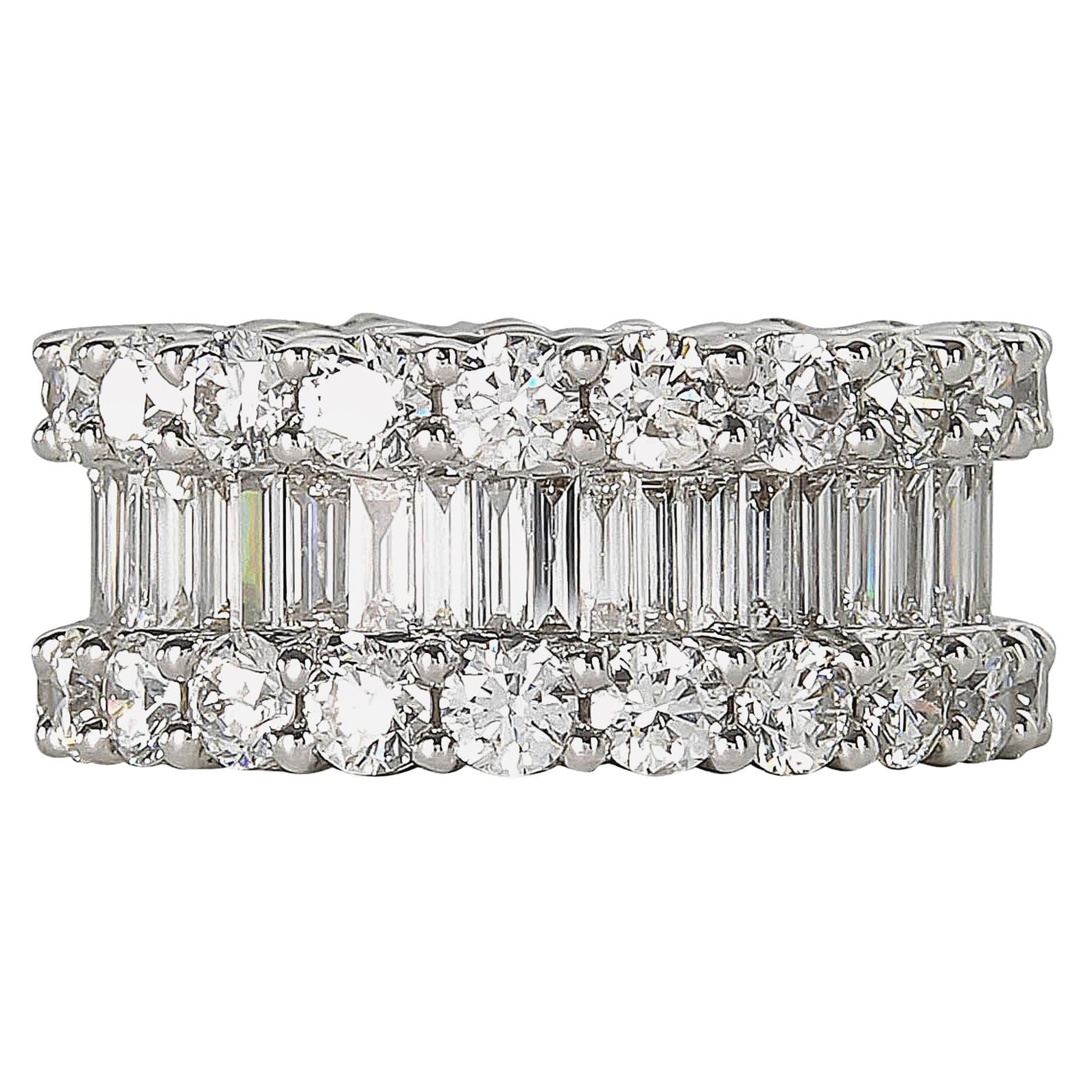 Wide 8 Carat Baguette and Round Diamonds Gold Eternity Band Ring