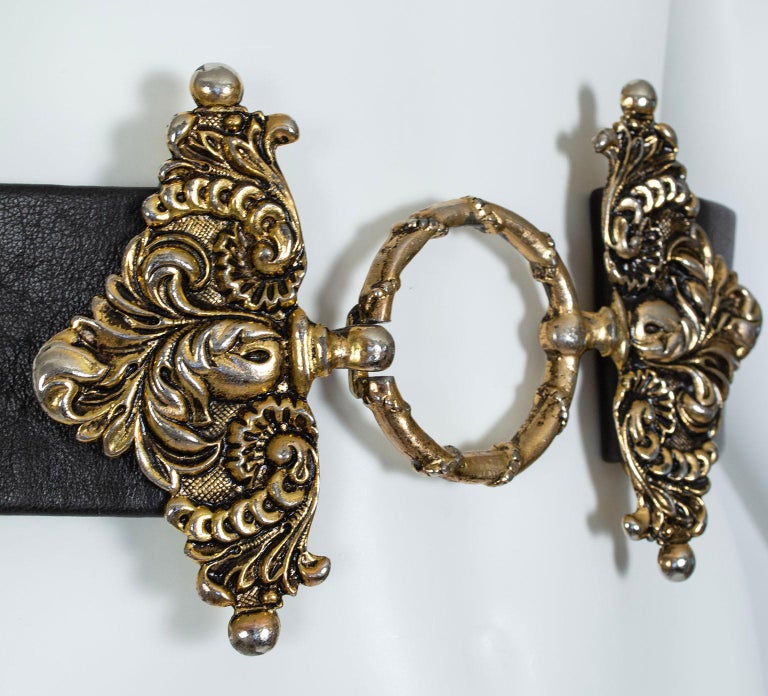 Wide Adjustable Brown Leather Statement Belt w Rococo Gold  display picture 2