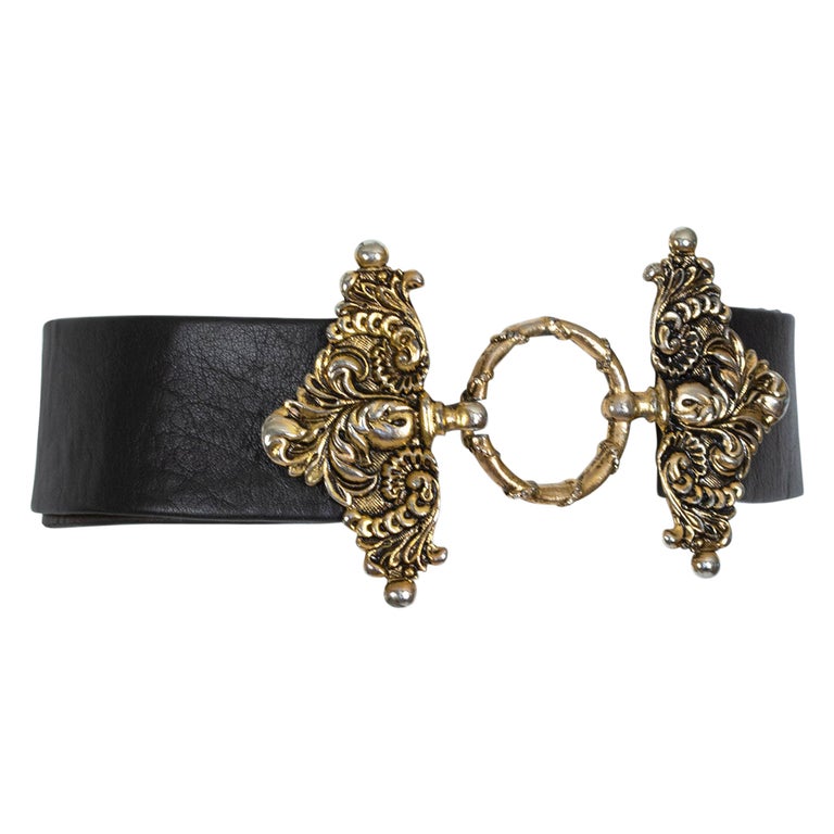 Wide Adjustable Brown Leather Statement Belt w Rococo Gold  display picture 1