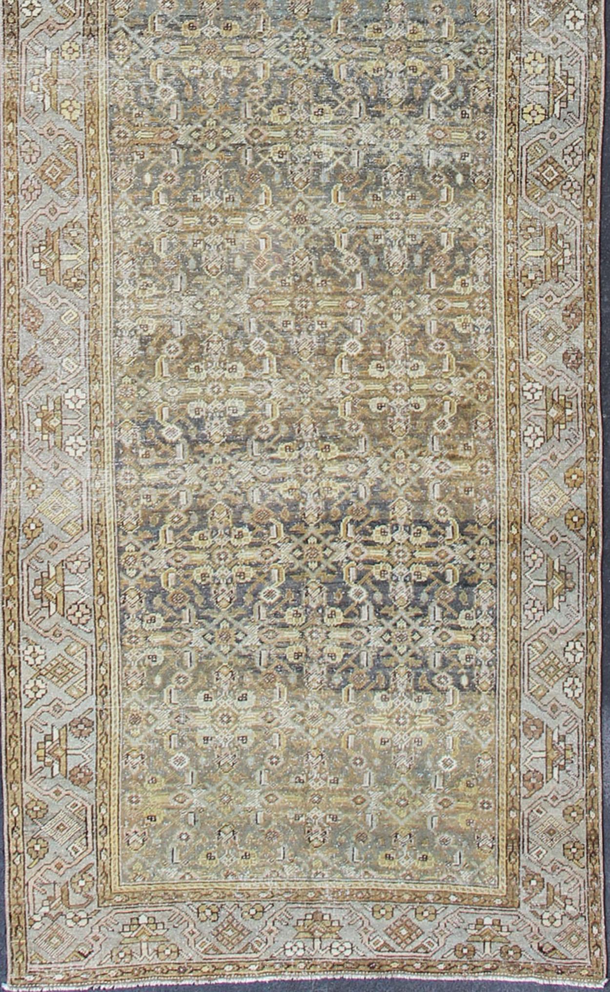Hand-Knotted Wide and Long Antique Persian Malayer Runner with All-Over Design in Gray For Sale