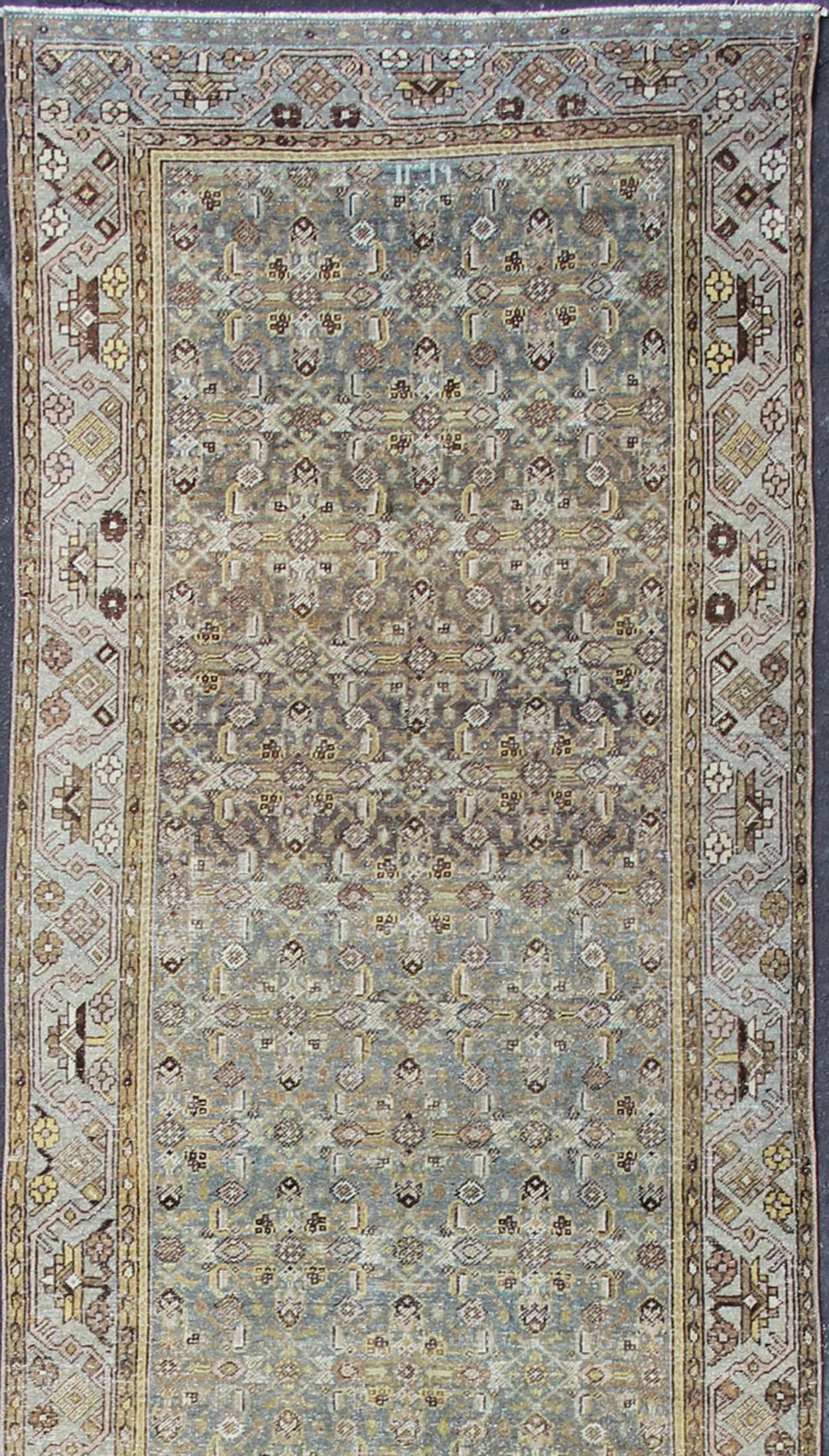 Wide and Long Antique Persian Malayer Runner with All-Over Design in Gray In Good Condition For Sale In Atlanta, GA