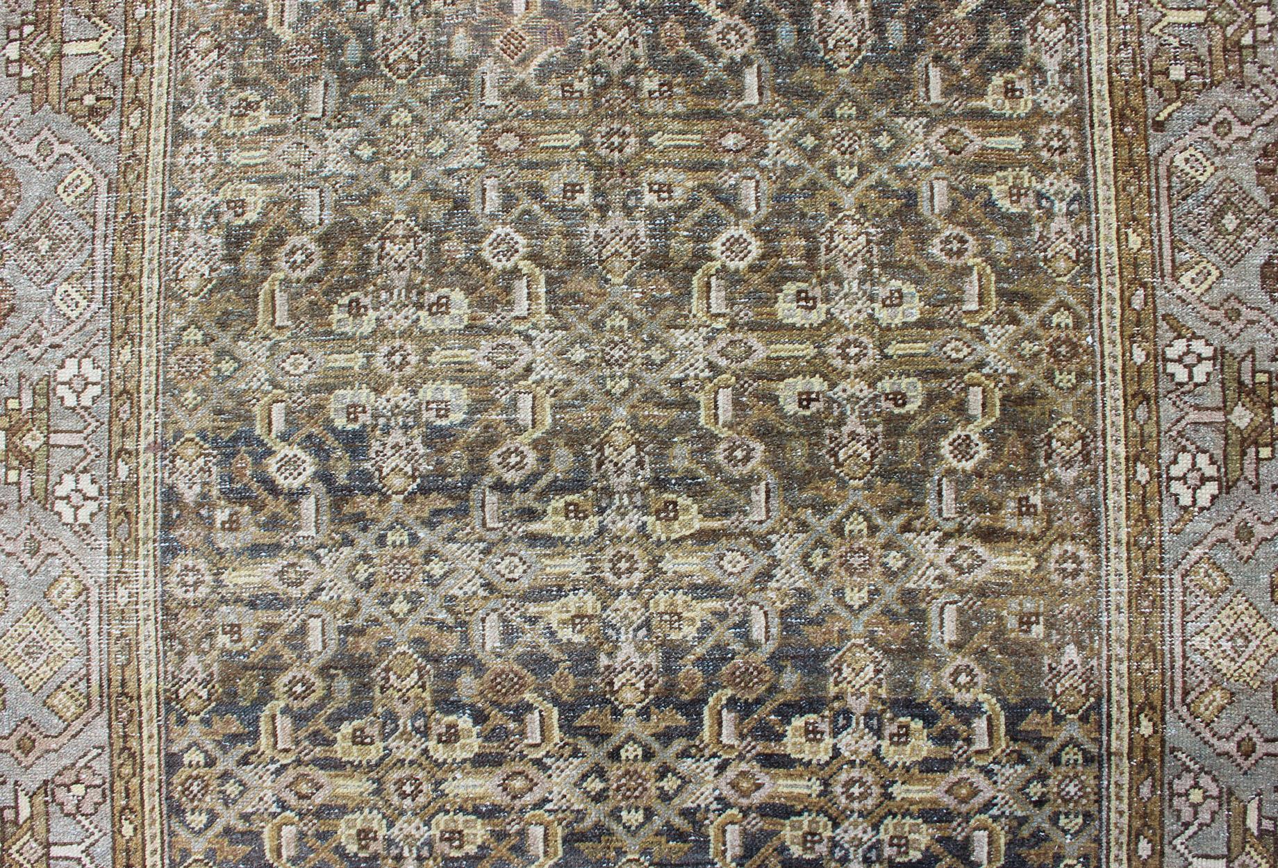Wool Wide and Long Antique Persian Malayer Runner with All-Over Design in Gray For Sale