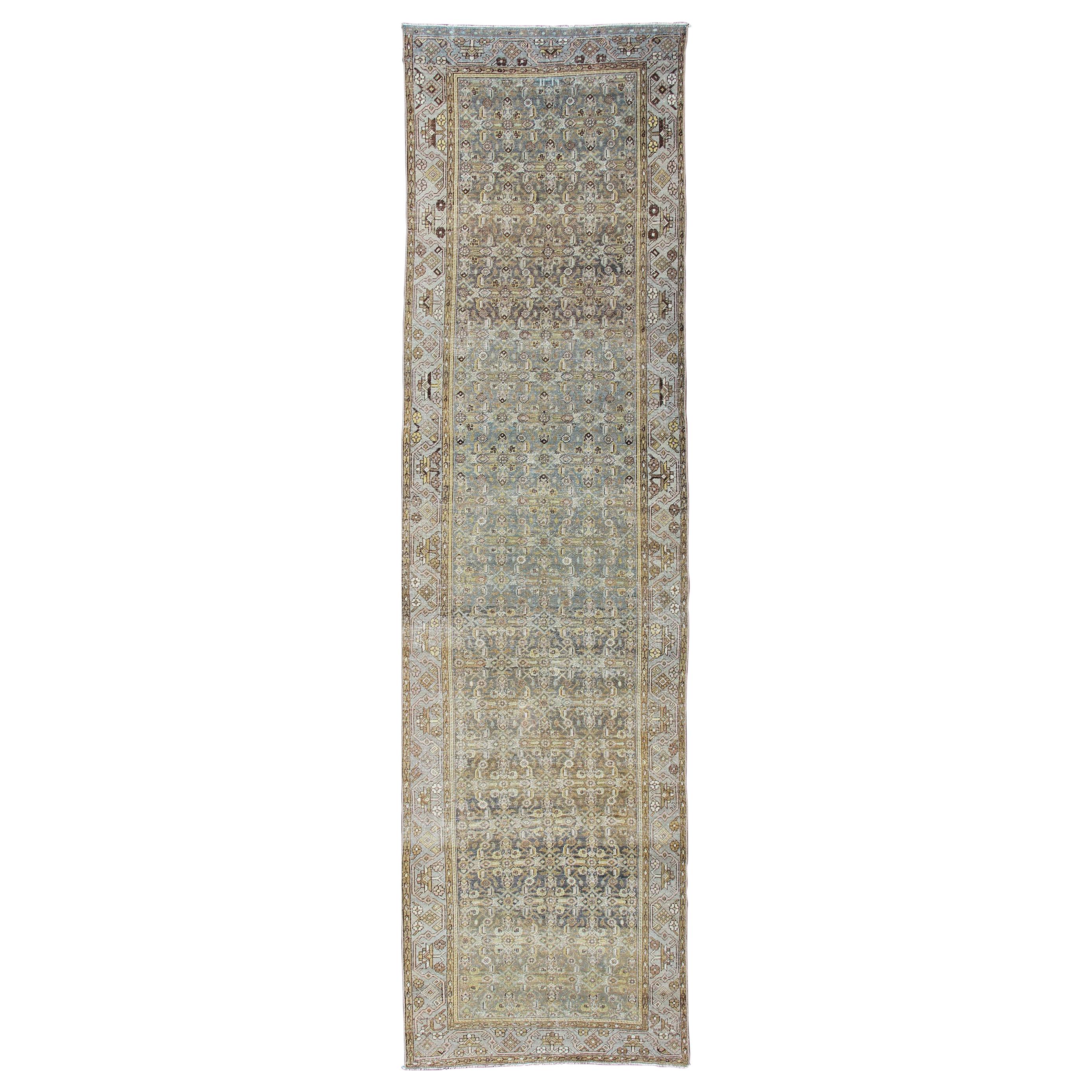 Wide and Long Antique Persian Malayer Runner with All-Over Design in Gray For Sale