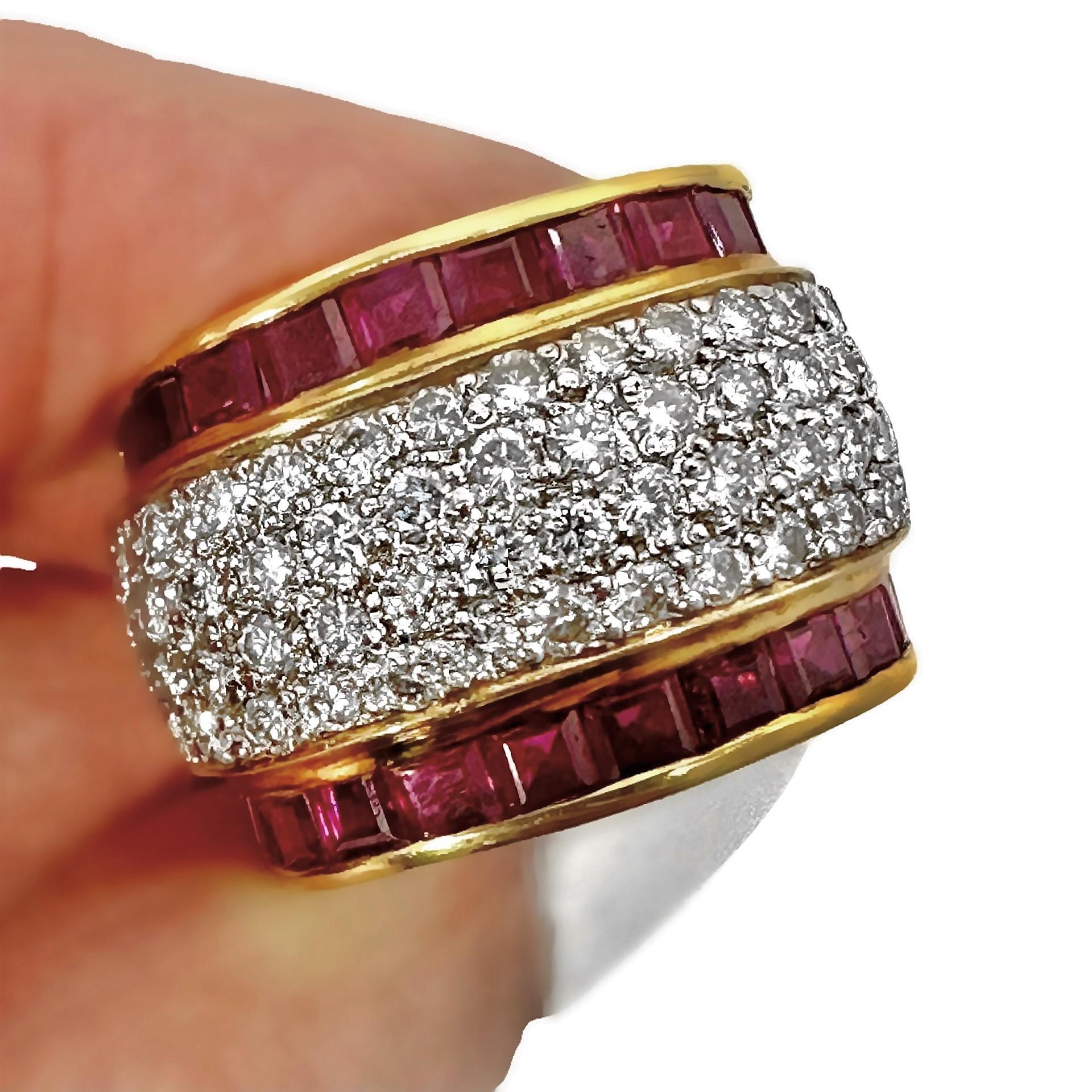 Wide and Tailored 18k Gold Band Ring with Diamonds and Vivid Rubies For Sale 5