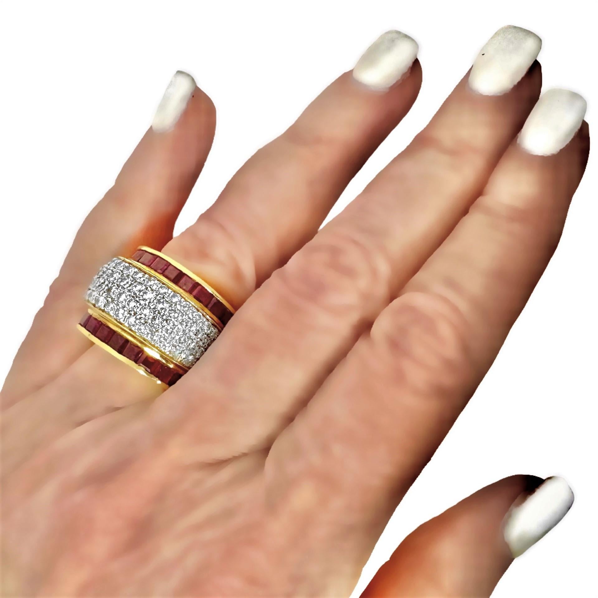 Wide and Tailored 18k Gold Band Ring with Diamonds and Vivid Rubies For Sale 7