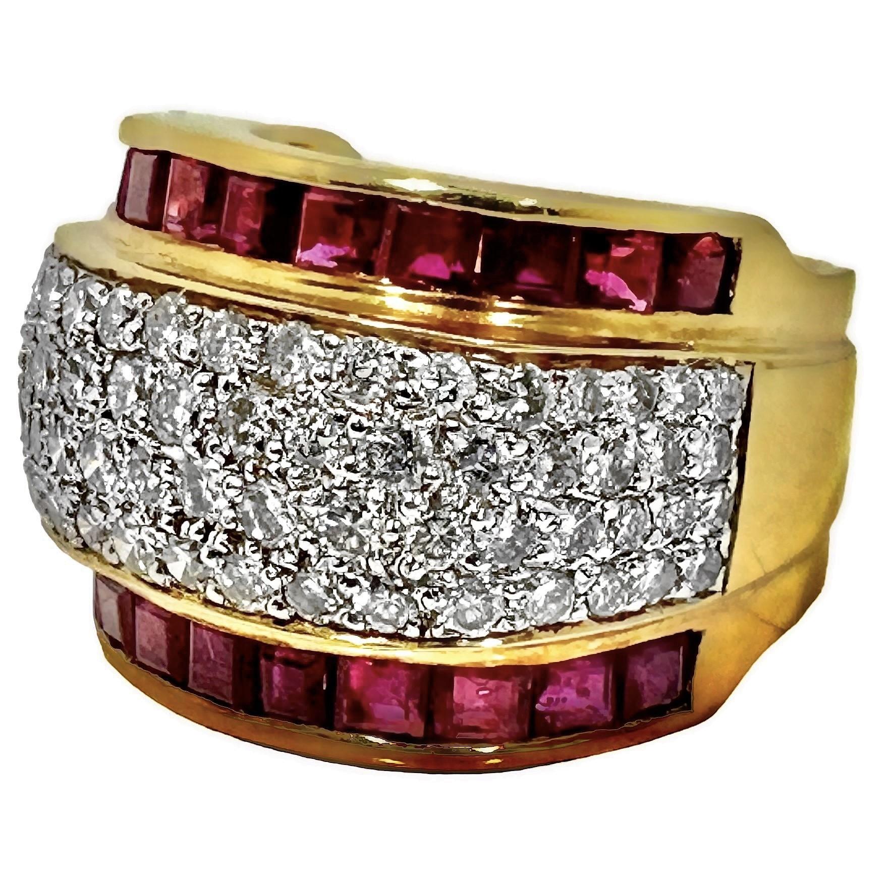 This sleek 18K yellow gold ring is centered around four rows of round brilliant cut diamonds and vivid, square cut rubies. The assorted diamonds weigh a total of 1.93ct of overall H color and VS2 clarity.
To the north and south of the diamonds is a