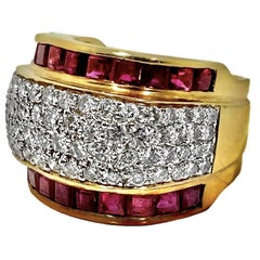 Wide and Tailored 18k Gold Band Ring with Diamonds and Vivid Rubies