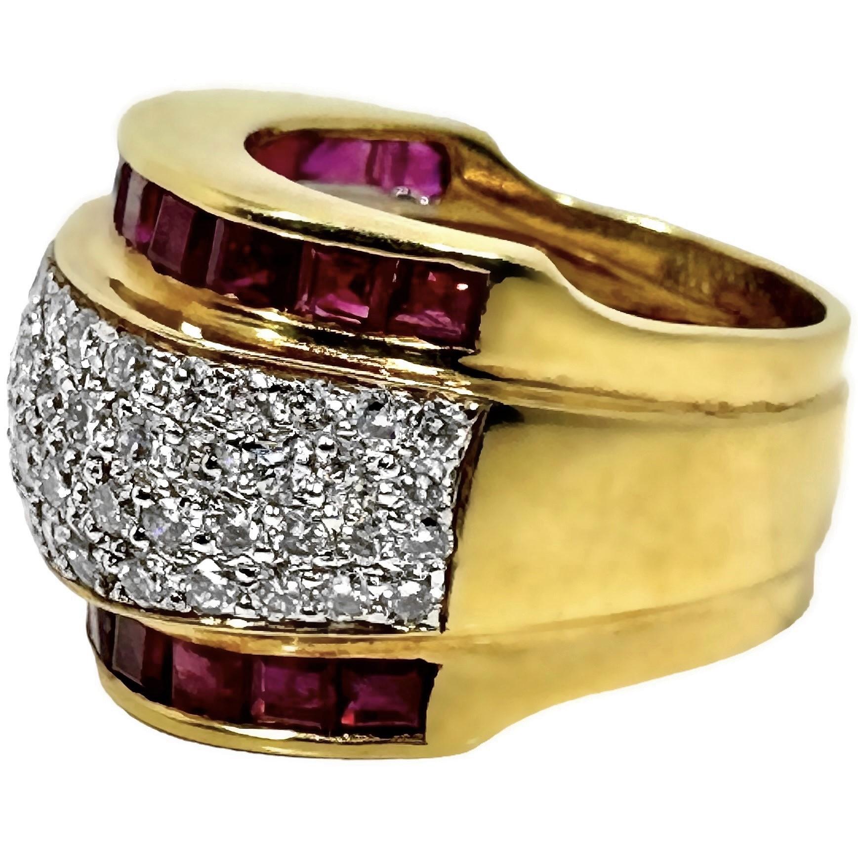 Round Cut Wide and Tailored 18k Gold Band Ring with Diamonds and Vivid Rubies For Sale
