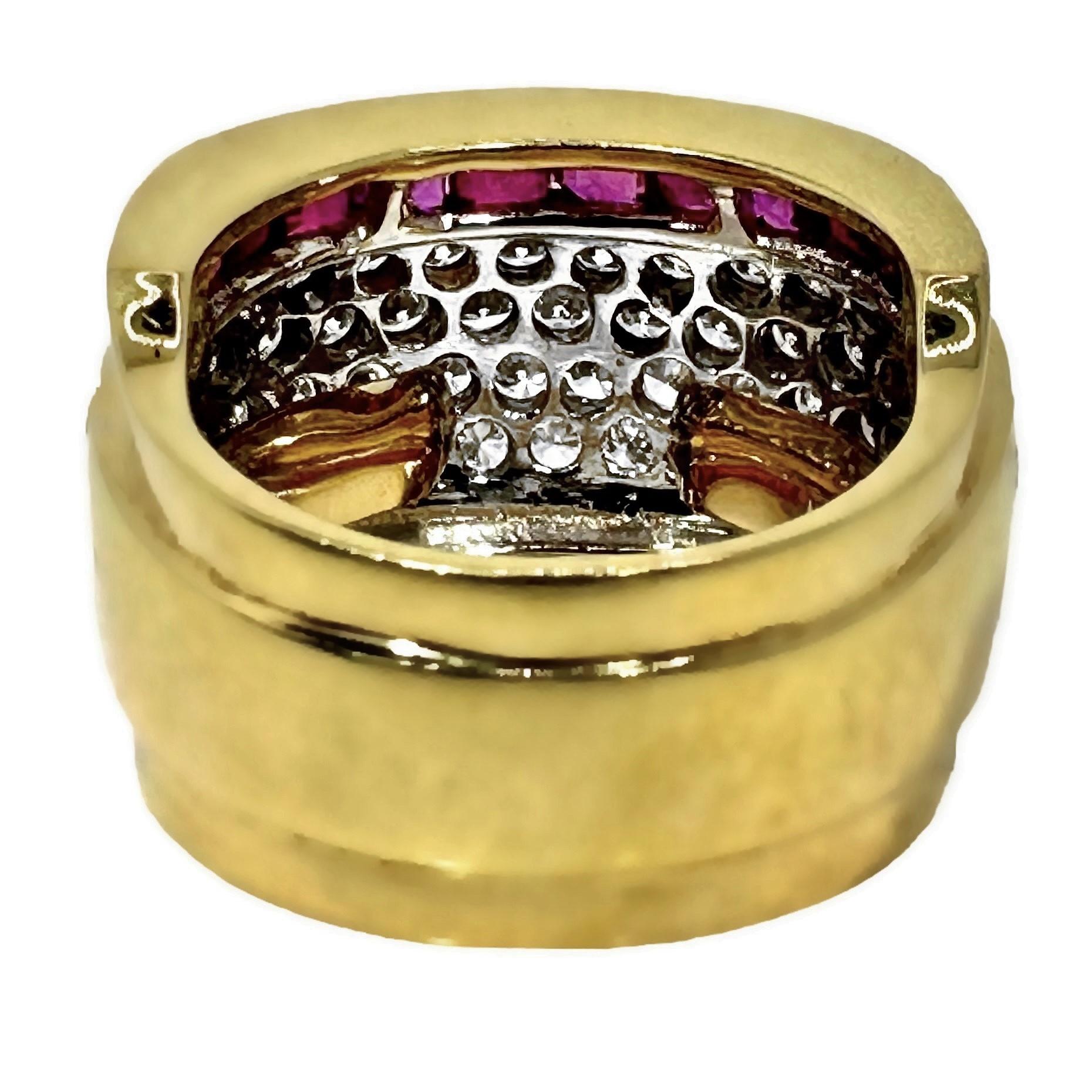 Wide and Tailored 18k Gold Band Ring with Diamonds and Vivid Rubies In Good Condition For Sale In Palm Beach, FL