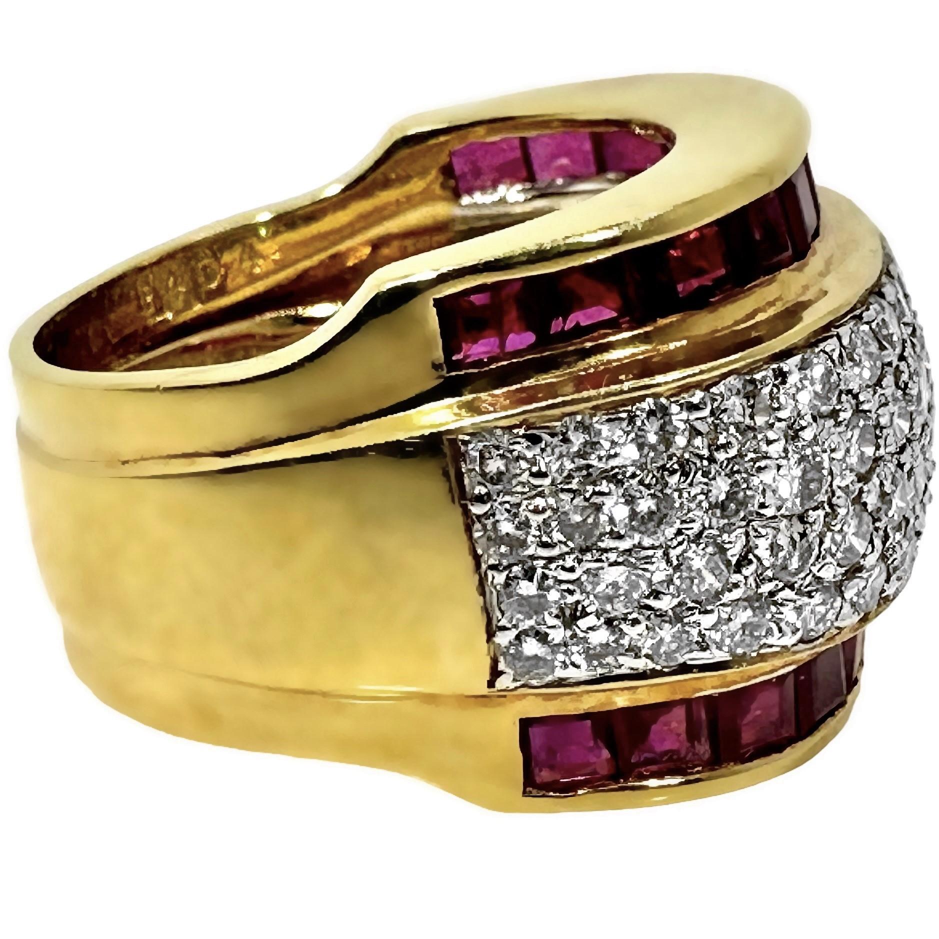 Women's Wide and Tailored 18k Gold Band Ring with Diamonds and Vivid Rubies For Sale