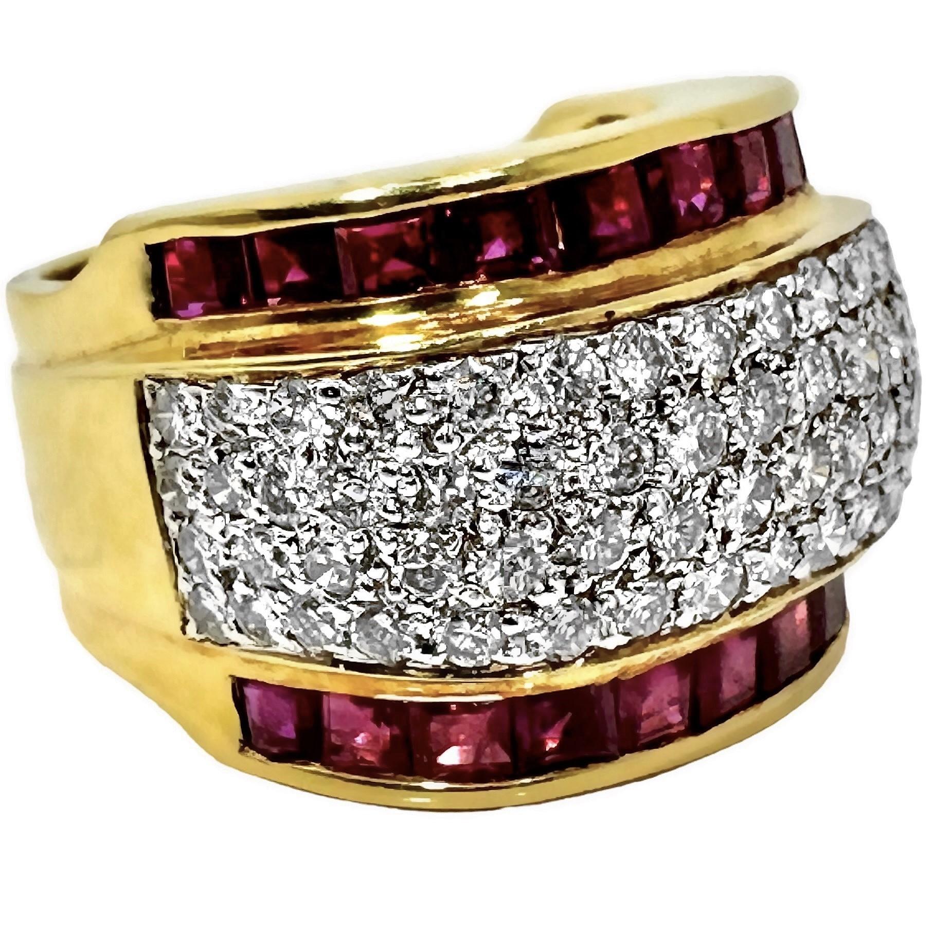 Round Cut Wide and Tailored 18k Gold Band Ring with Diamonds and Vivid Rubies For Sale