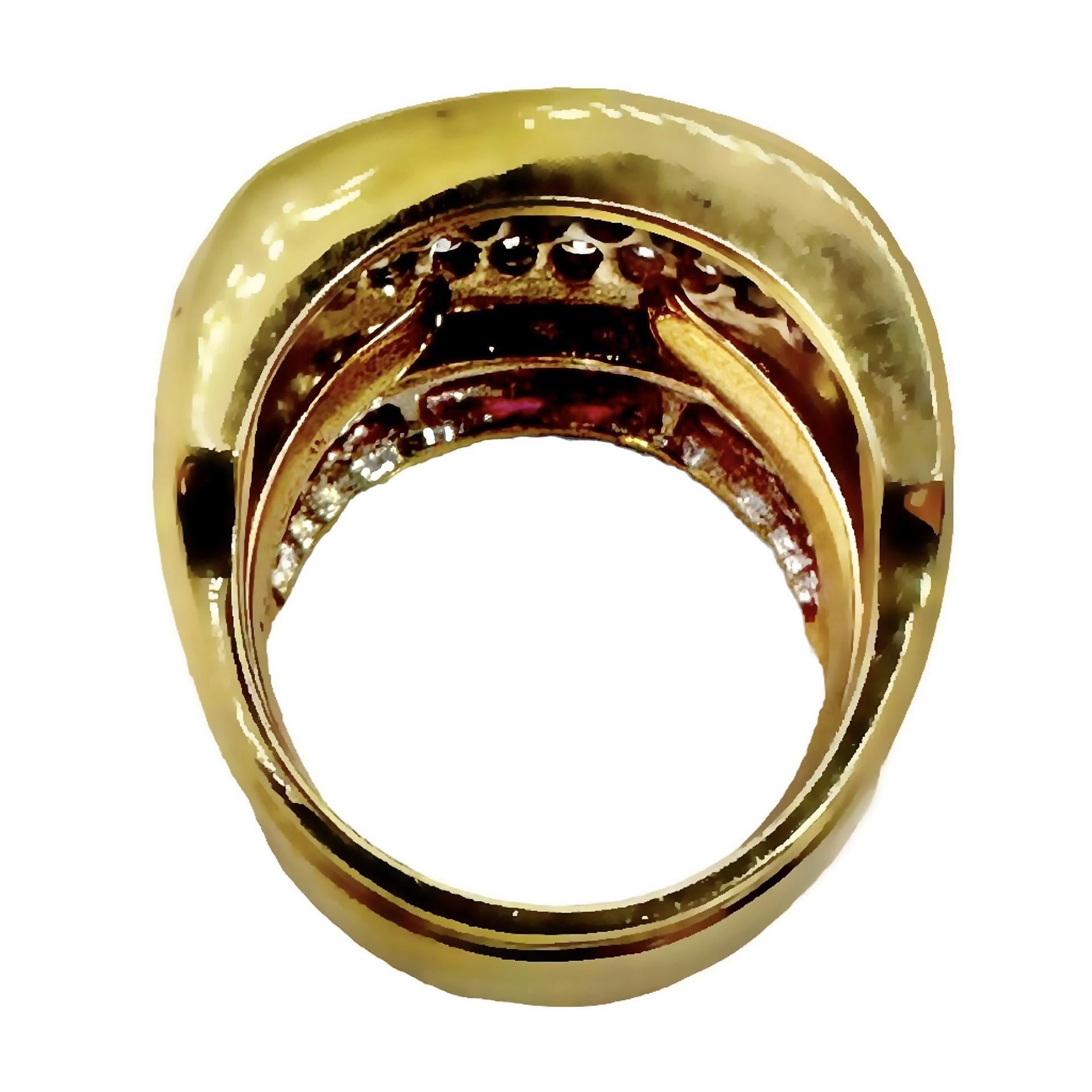 Wide and Tailored 18k Gold Band Ring with Diamonds and Vivid Rubies For Sale 2