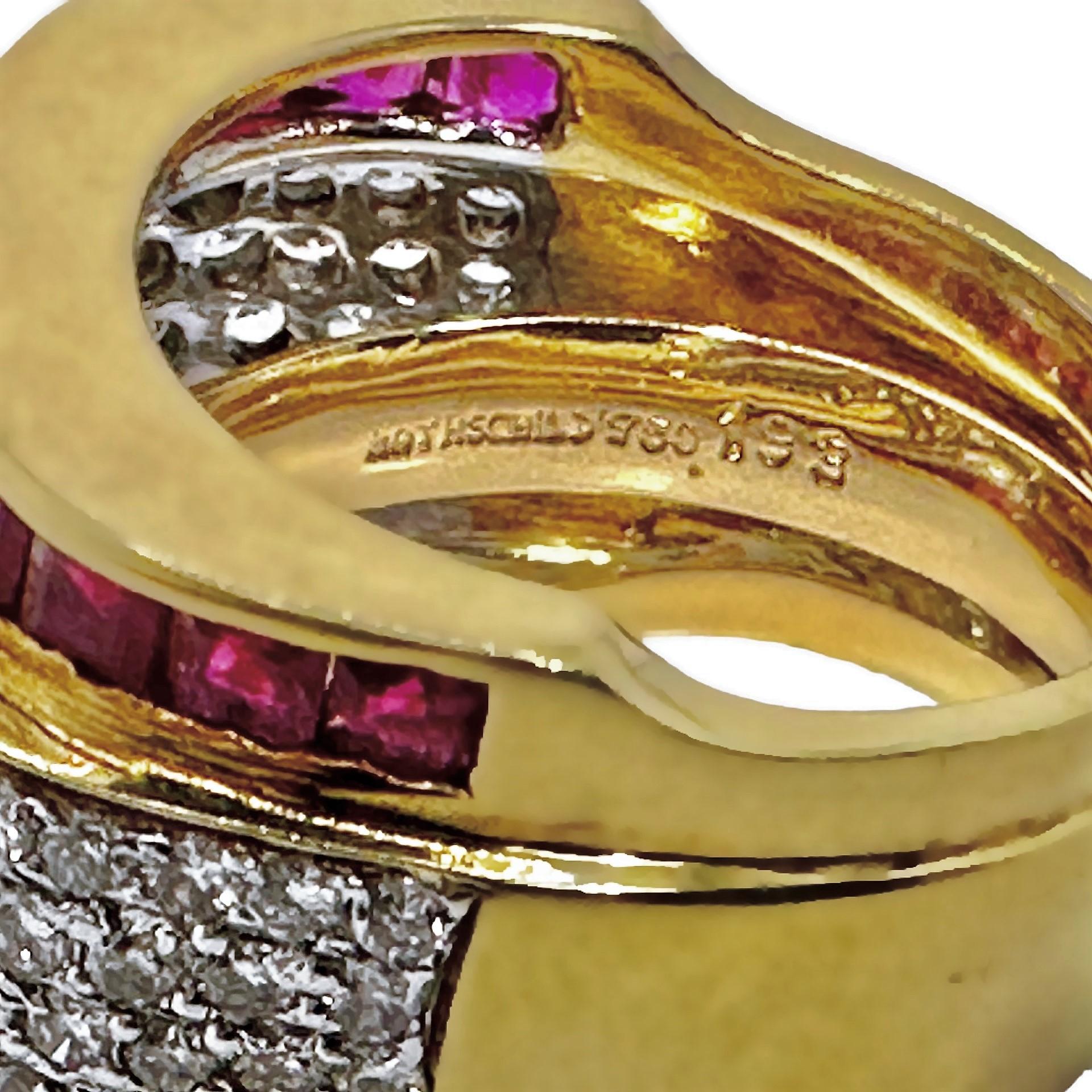 Wide and Tailored 18k Gold Band Ring with Diamonds and Vivid Rubies For Sale 3