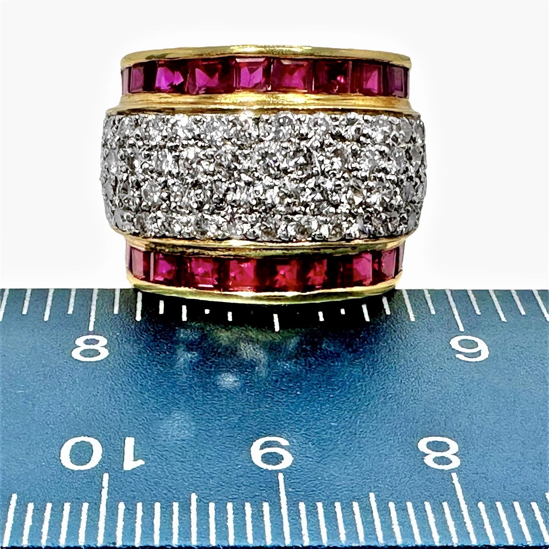 Wide and Tailored 18k Gold Band Ring with Diamonds and Vivid Rubies For Sale 4