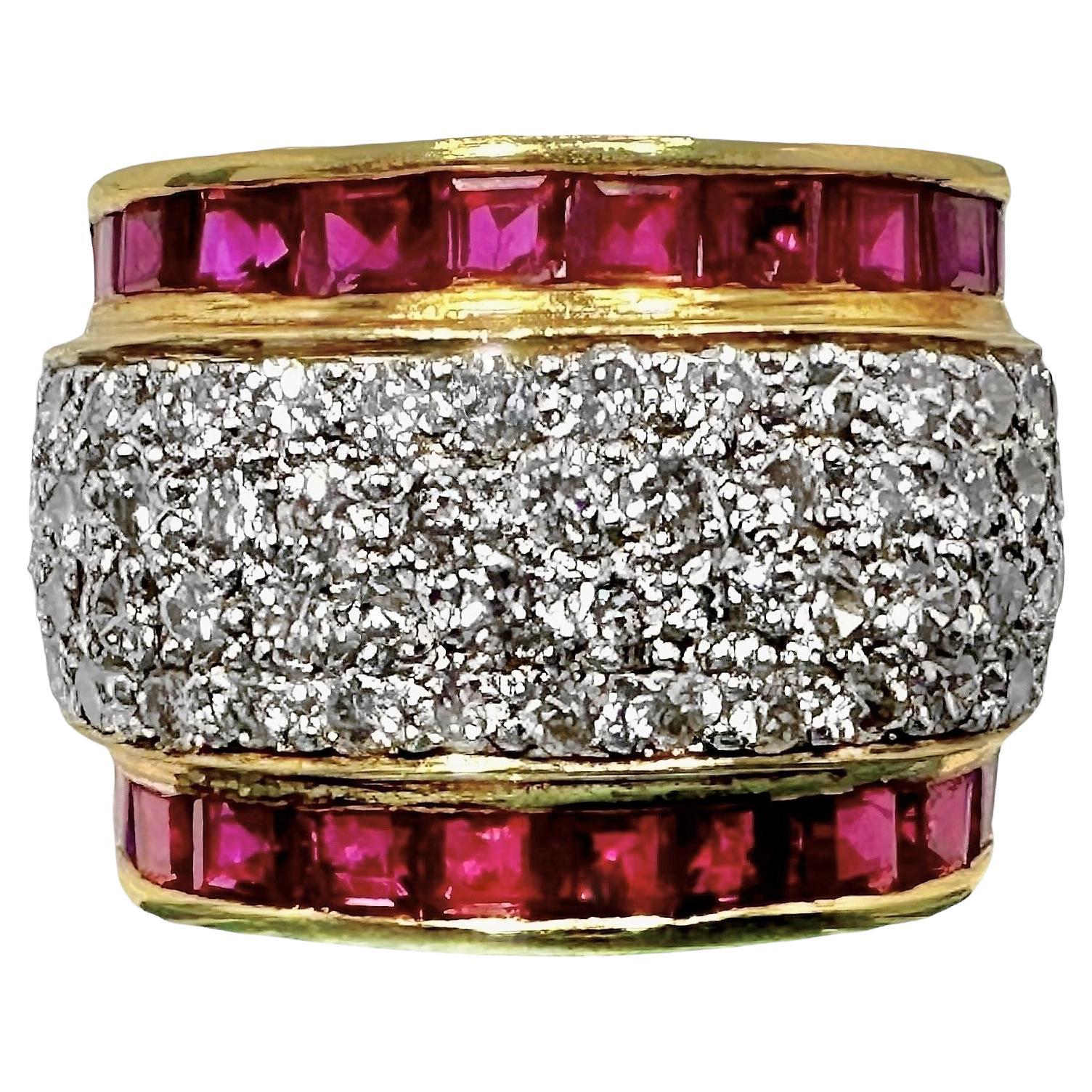 Wide and Tailored 18k Gold Band Ring with Diamonds and Vivid Rubies For Sale