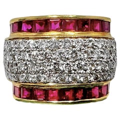 Wide and Tailored 18k Gold Band Ring with Diamonds and Vivid Rubies