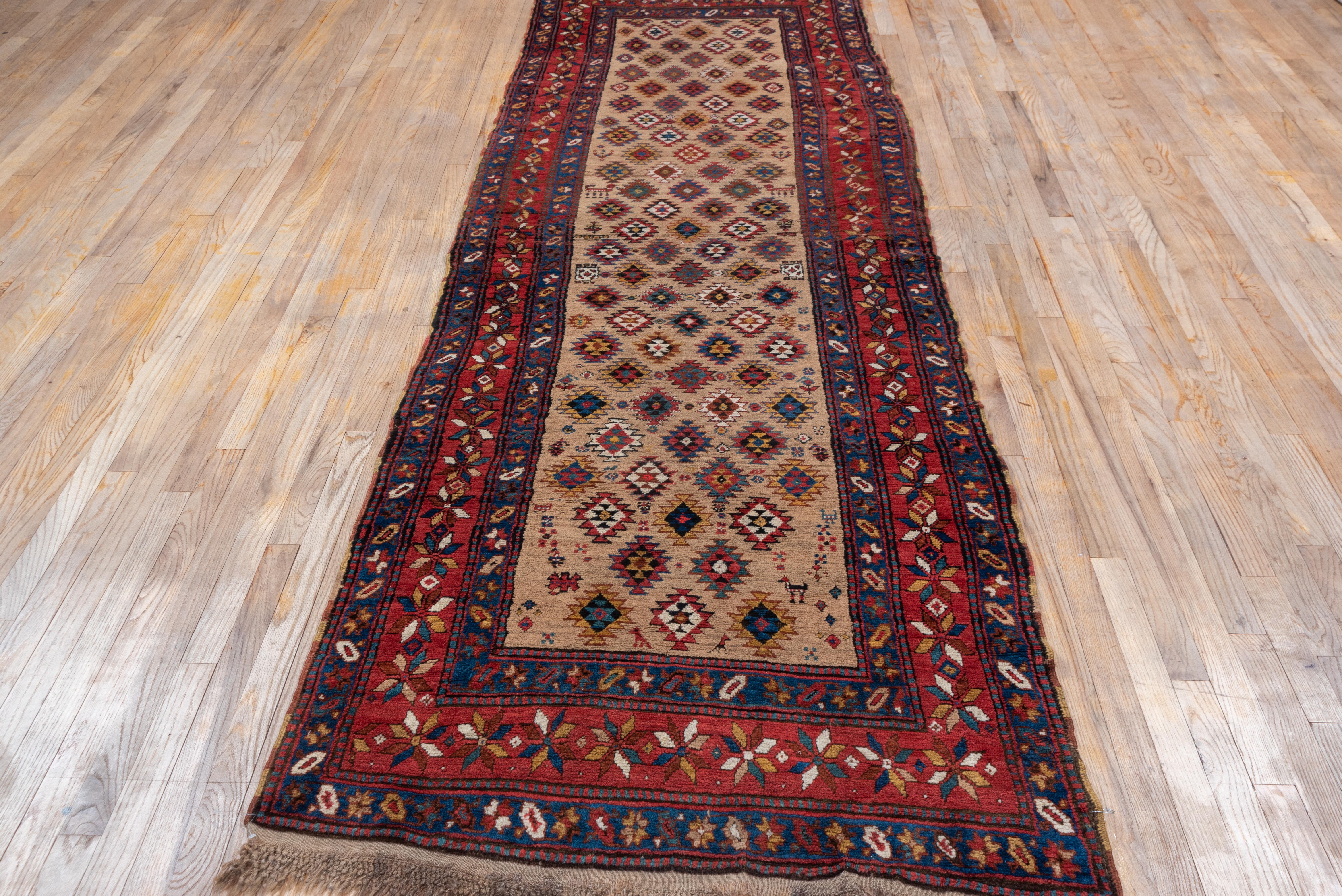 Tribal Wide Antique Caucasian Runner, Light Brown All-Over Field, Red & Blue Border For Sale
