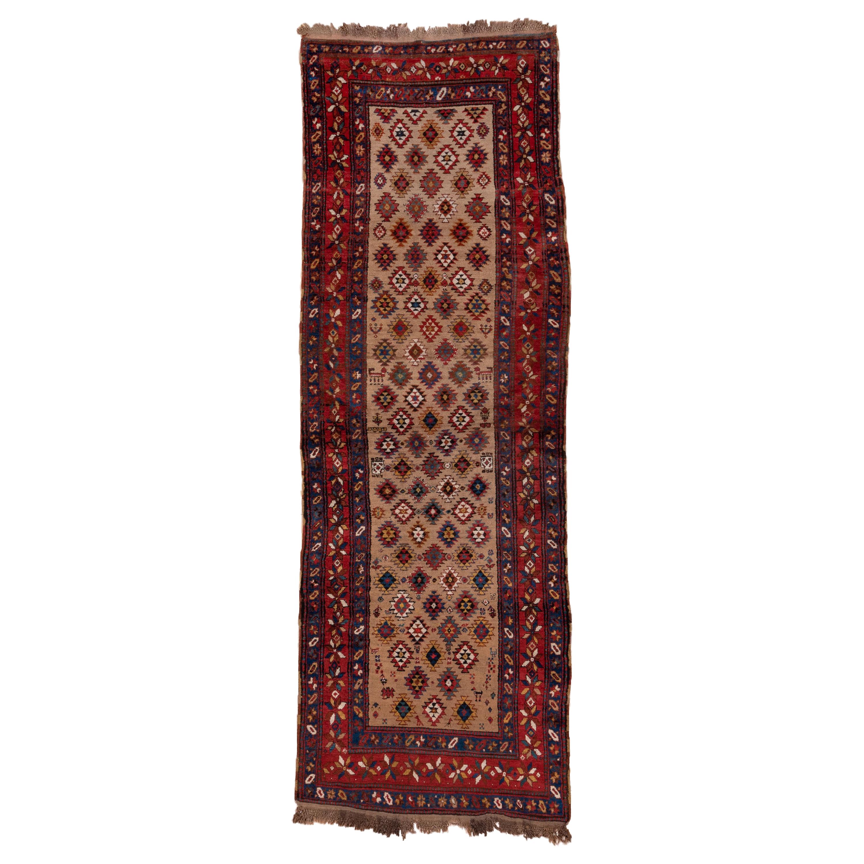 Wide Antique Caucasian Runner, Light Brown All-Over Field, Red & Blue Border For Sale