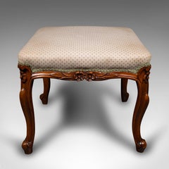 Wide Antique Dressing Stool, English, Walnut Bedroom Seat, Early Victorian, 1840