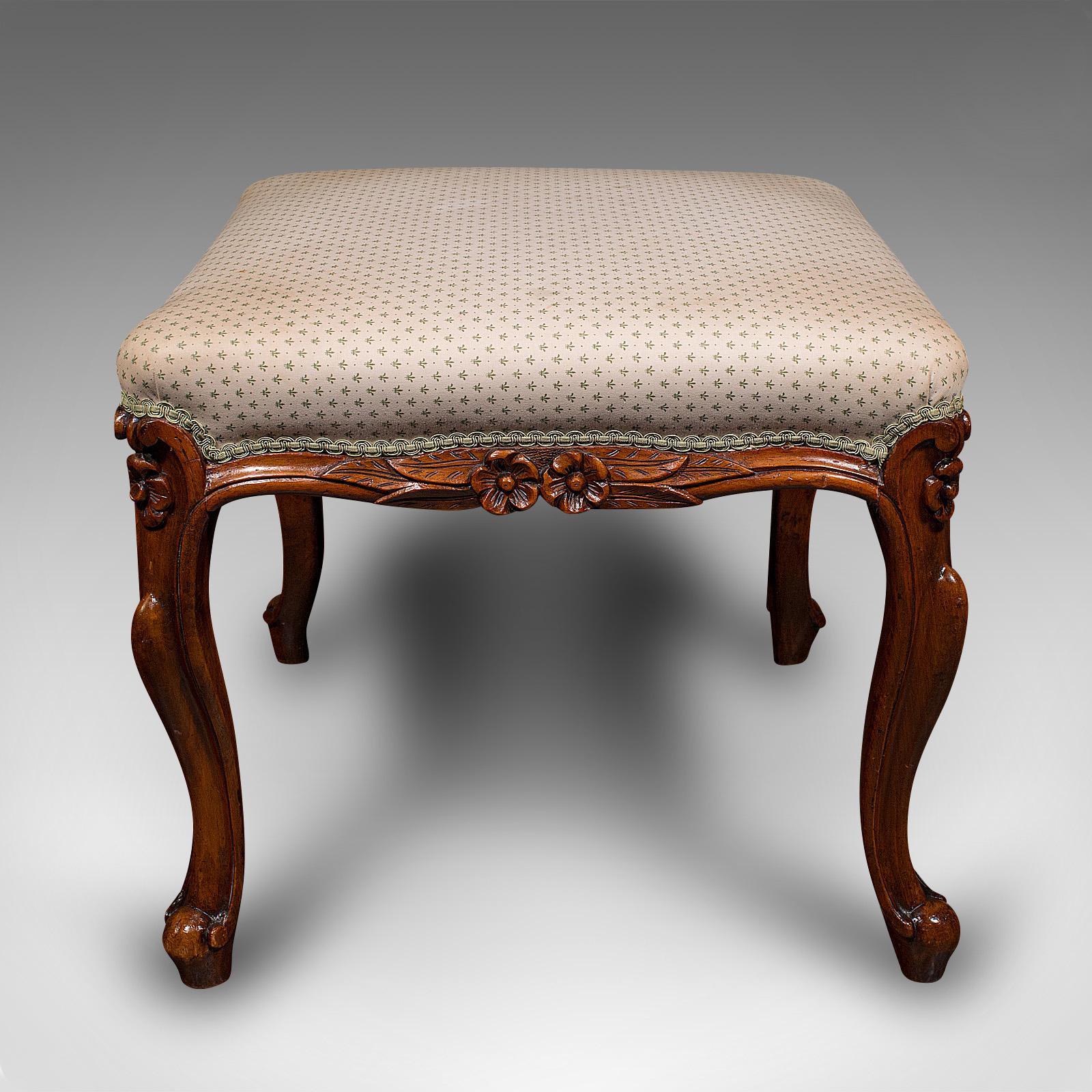 19th Century Wide Antique Dressing Stool, English, Walnut Bedroom Seat, Early Victorian, 1840 For Sale