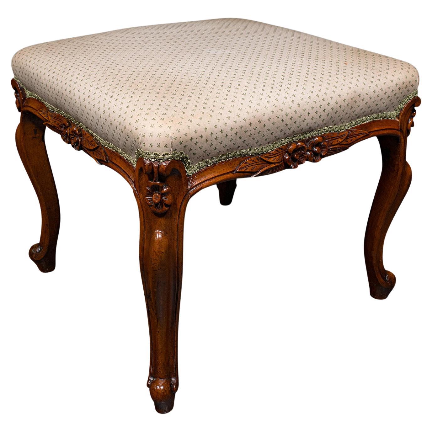 Wide Antique Dressing Stool, English, Walnut Bedroom Seat, Early Victorian, 1840 For Sale