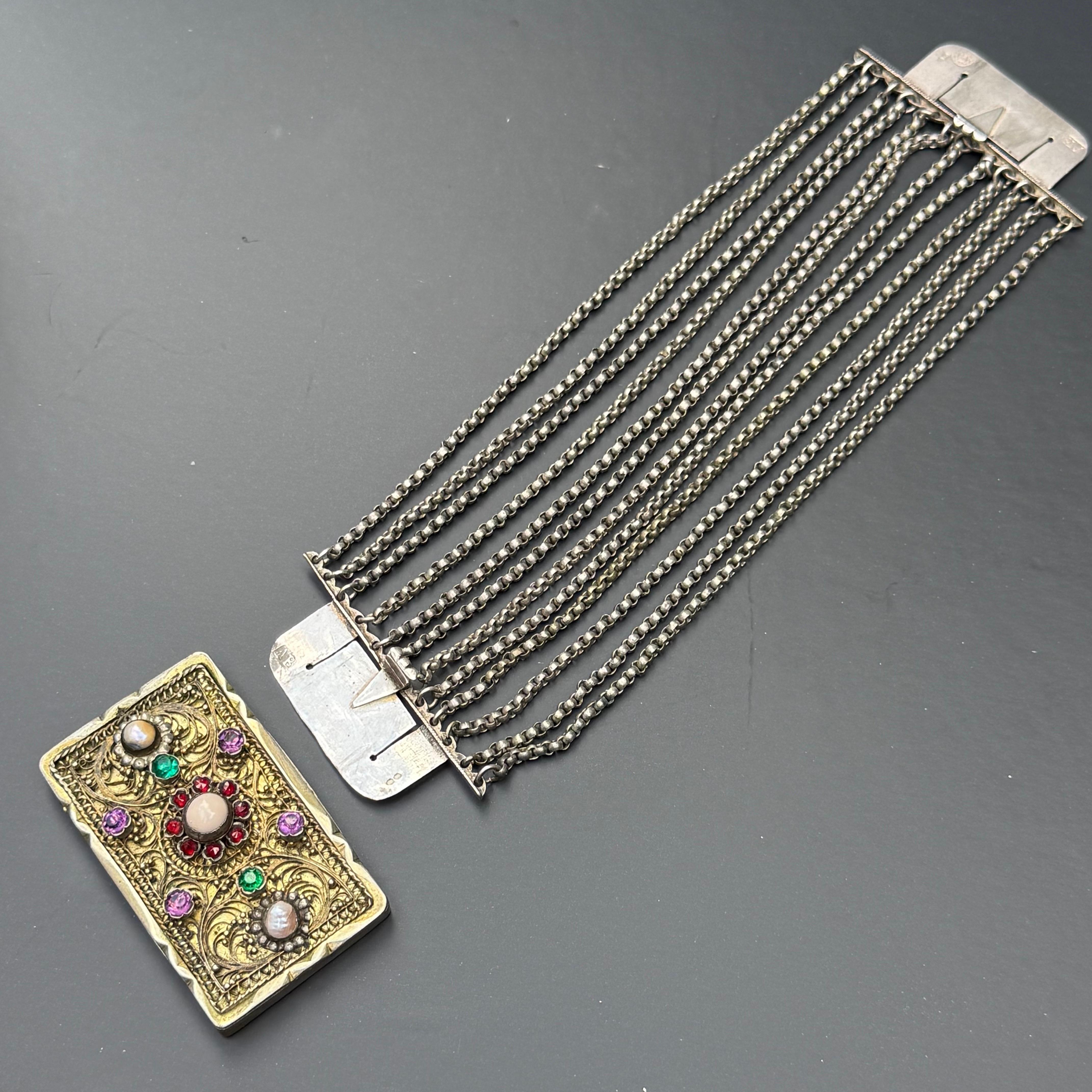 Brazalete ancho antiguo de oro dorado y plata con pasta de perlas de imitación en venta 5