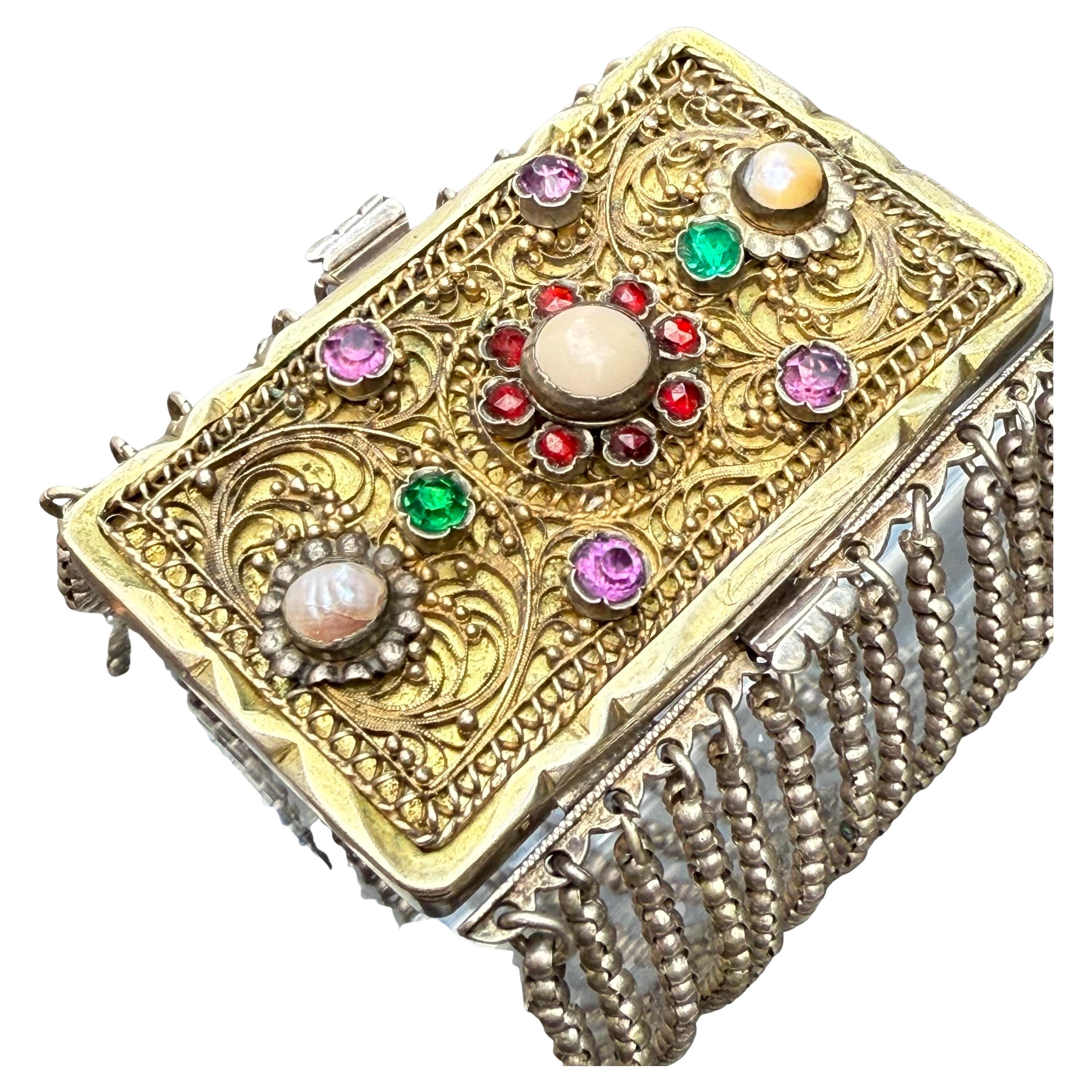 Wide Antique Gold Gilt Silver Paste Faux Pearl Bracelet Bangle