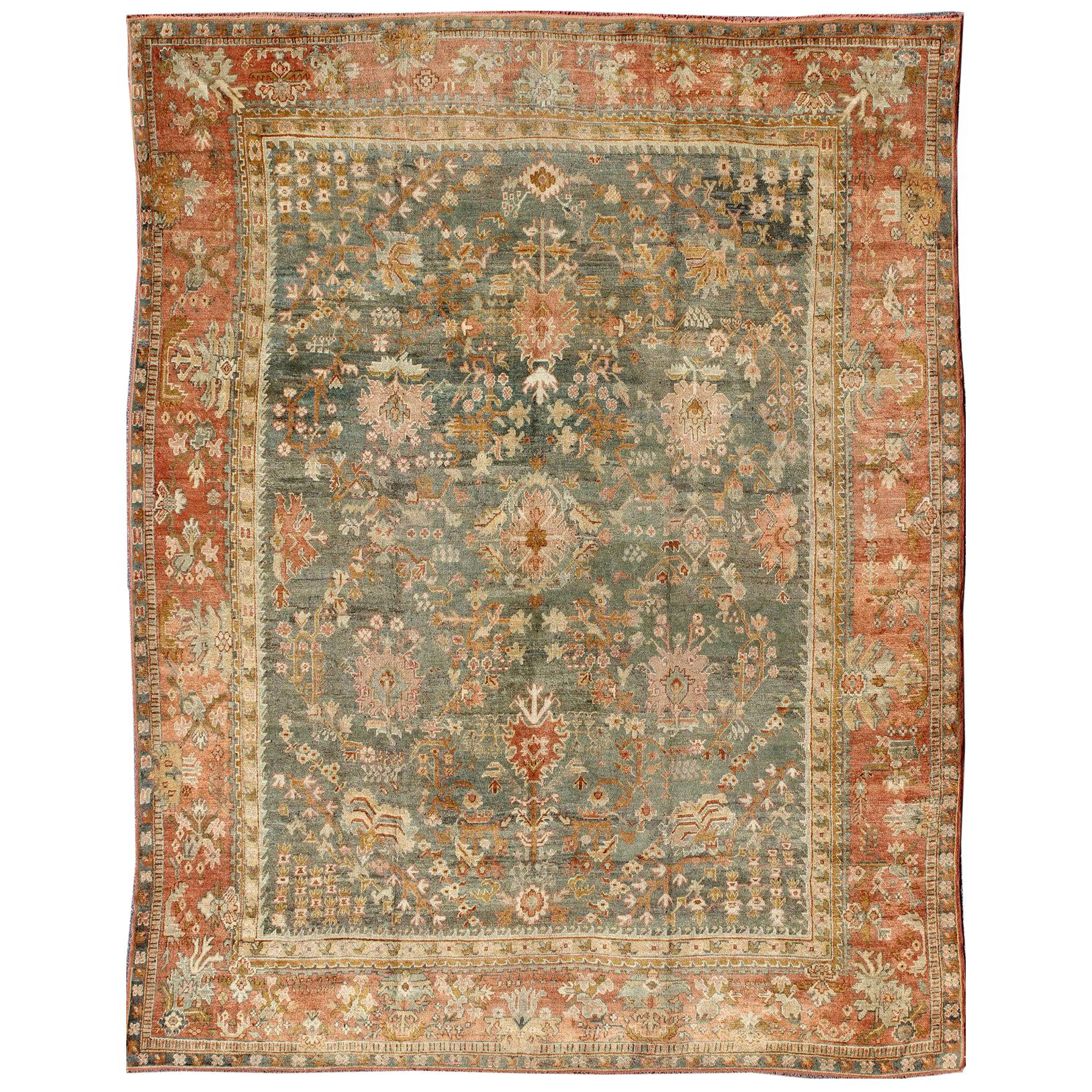 Wide & Large Antique Oushak Rug with Floral Design in Variegated Green and Teal