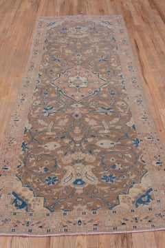 Wide Antique Oushak Runner, Brown Pink and Blue, circa 1930s
