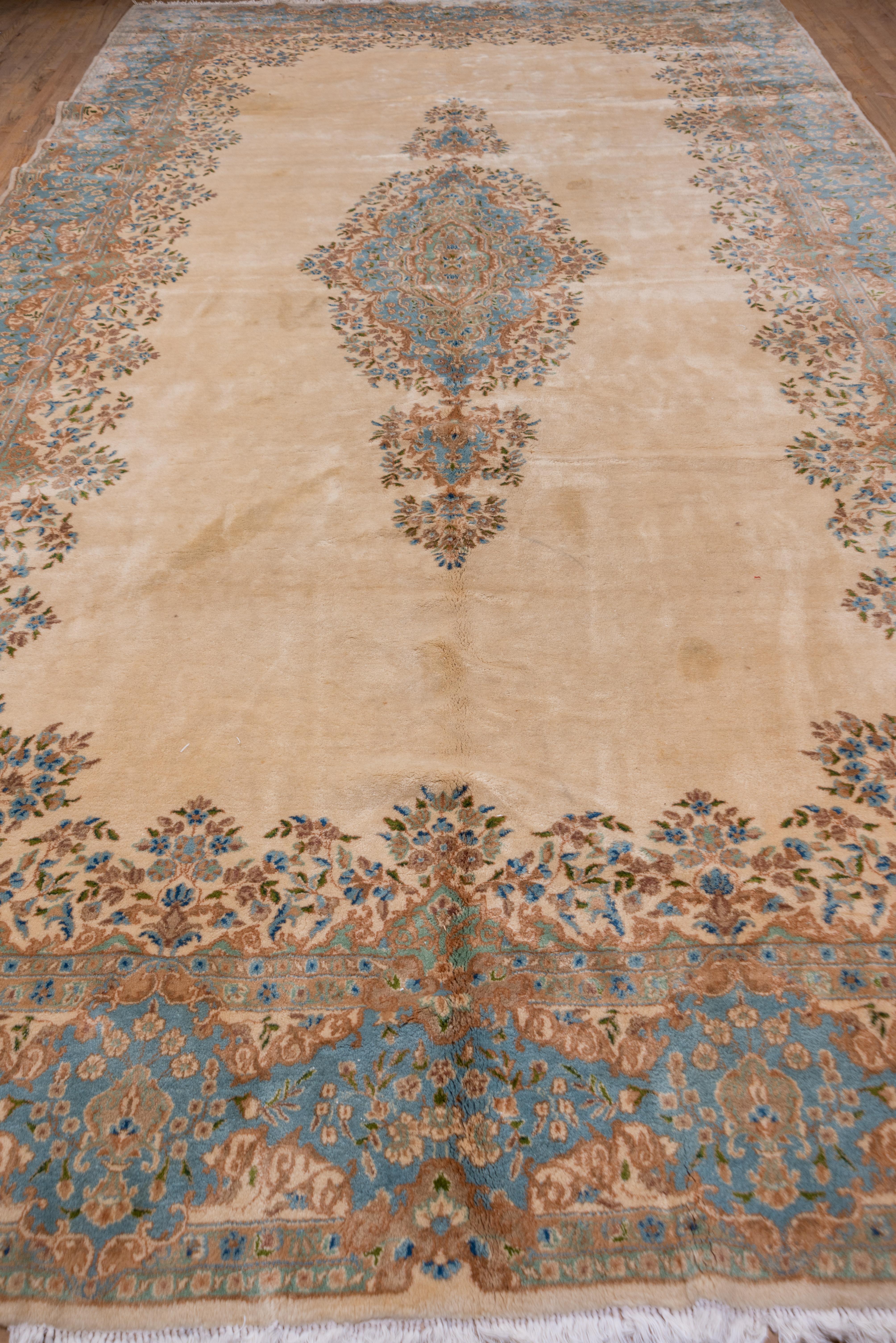 Kirman Wide Antique Persian Kerman Gallery Carpet, Ivory Field, Light Blue Accents For Sale